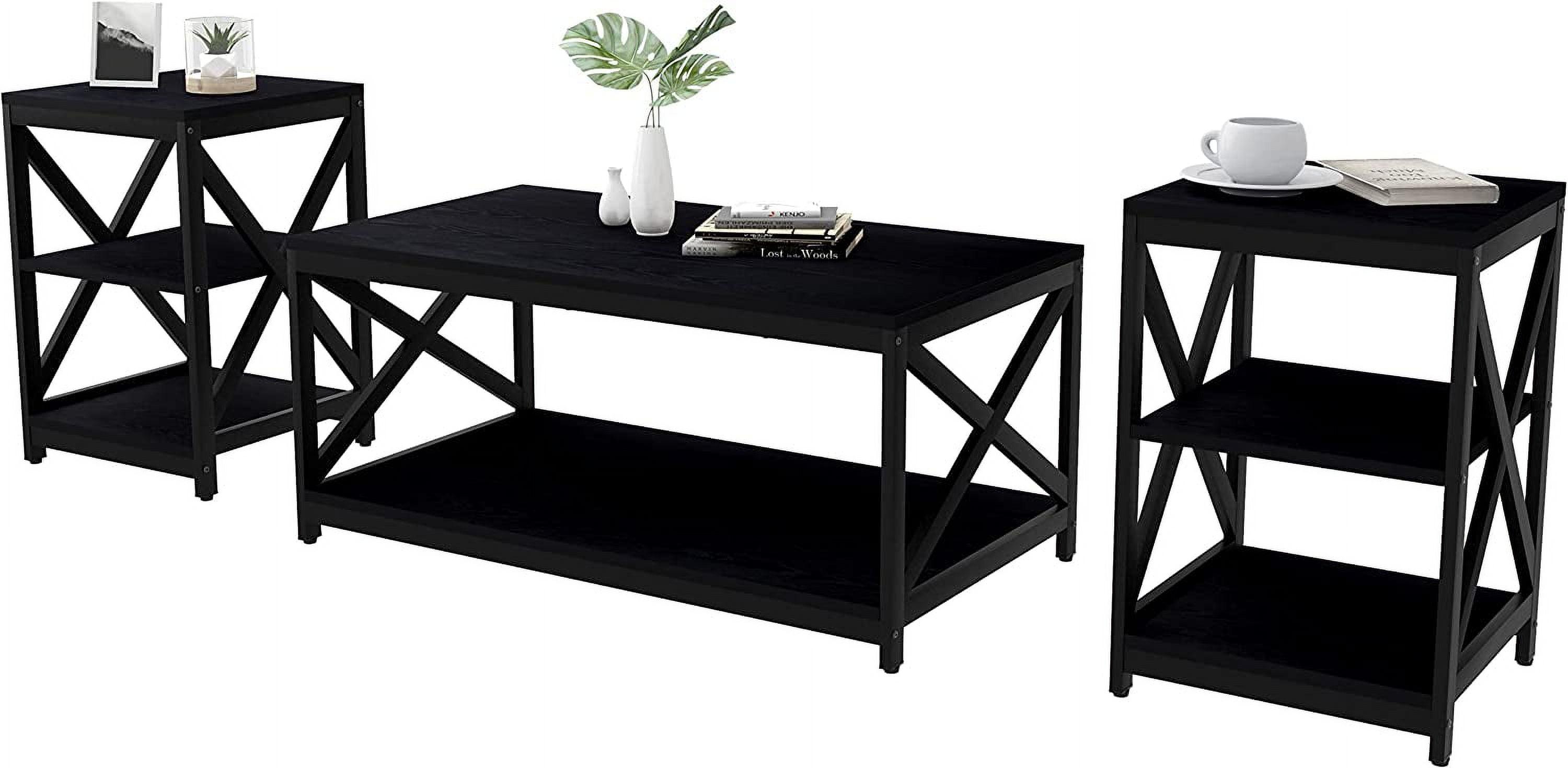 Jiowenm Living Room Coffee Table Set of 3, Industrial X-Design Coffee Table and 2 End Side Tables, 3 Piece Living Room Table Set with Large Storage for Apartment Home, Black