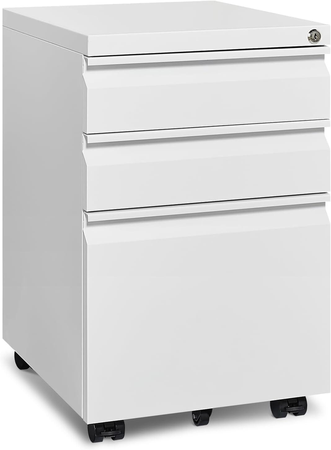 3 Drawer Mobile File Cabinet, Metal Filing Cabinets with Lock Wheels Under Desk, Lockable Rolling File Cabinet for Home Office, Fit Letter/Legal/A4 Size (White)