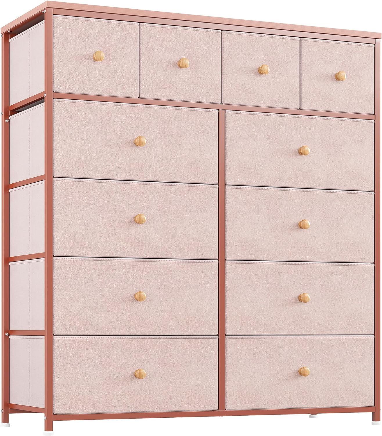 U-SHARE Pink Dresser for Girls Bedroom with 12 Drawers, Dresser for Bedroom with Sturdy Metal Frame and Wooden Top, Bedroom Dressers & Chests of Drawers for Bedroom, Nursery, Closet, Pink