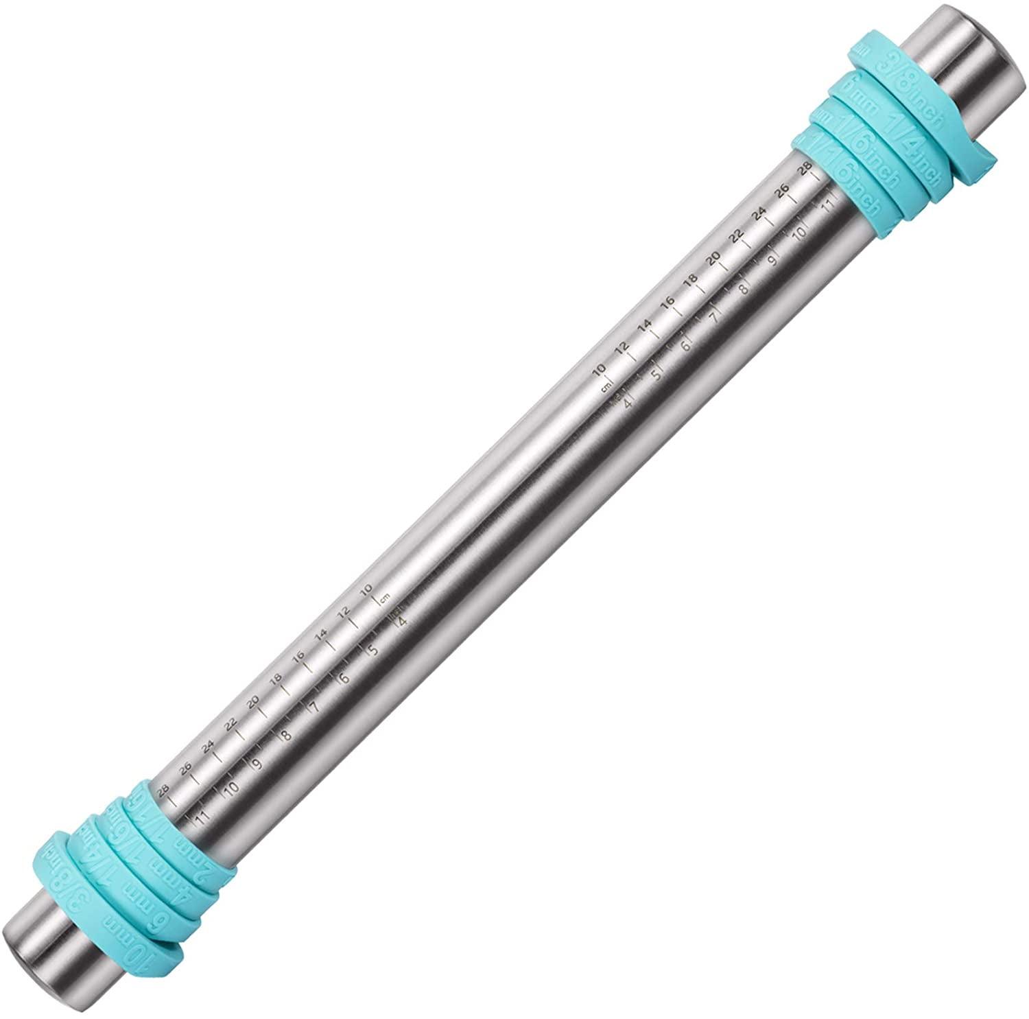 U-Taste Adjustable 18/8 Stainless Steel 16 inch Rolling Pin with Silicone Removable Rings (Teal/Aqua Sky)