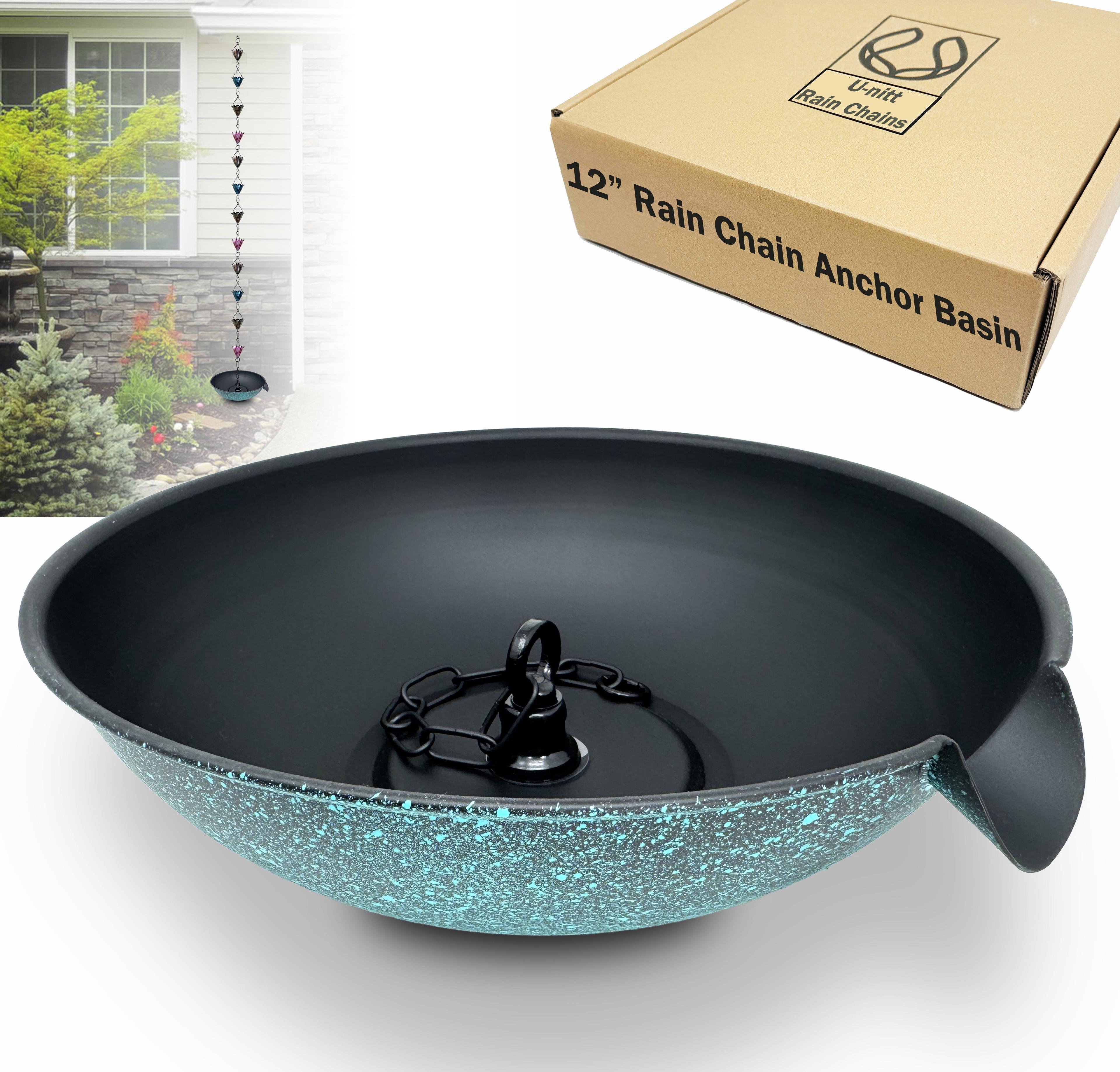 U-nitt 12" Anchoring Basin/Bowl/Dish for Gutter Rain Chain, Spill Bowl for Fountain, with Scupper, Birdbath Alternative, with Attachment Chain, Black Powder Coated with Patina, 972PA