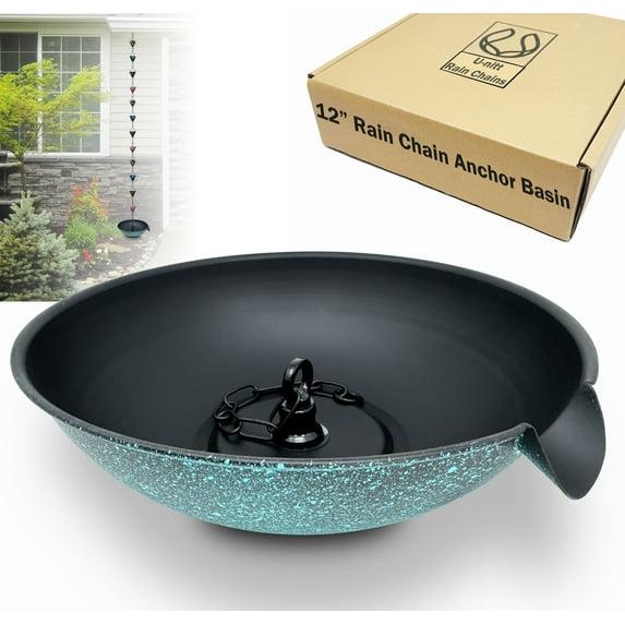 U-nitt 12" Anchoring Basin/Bowl/Dish for Gutter Rain Chain, Spill Bowl for Fountain, with Scupper, Birdbath Alternative, with Attachment Chain, Black Powder Coated with Patina, 972PA