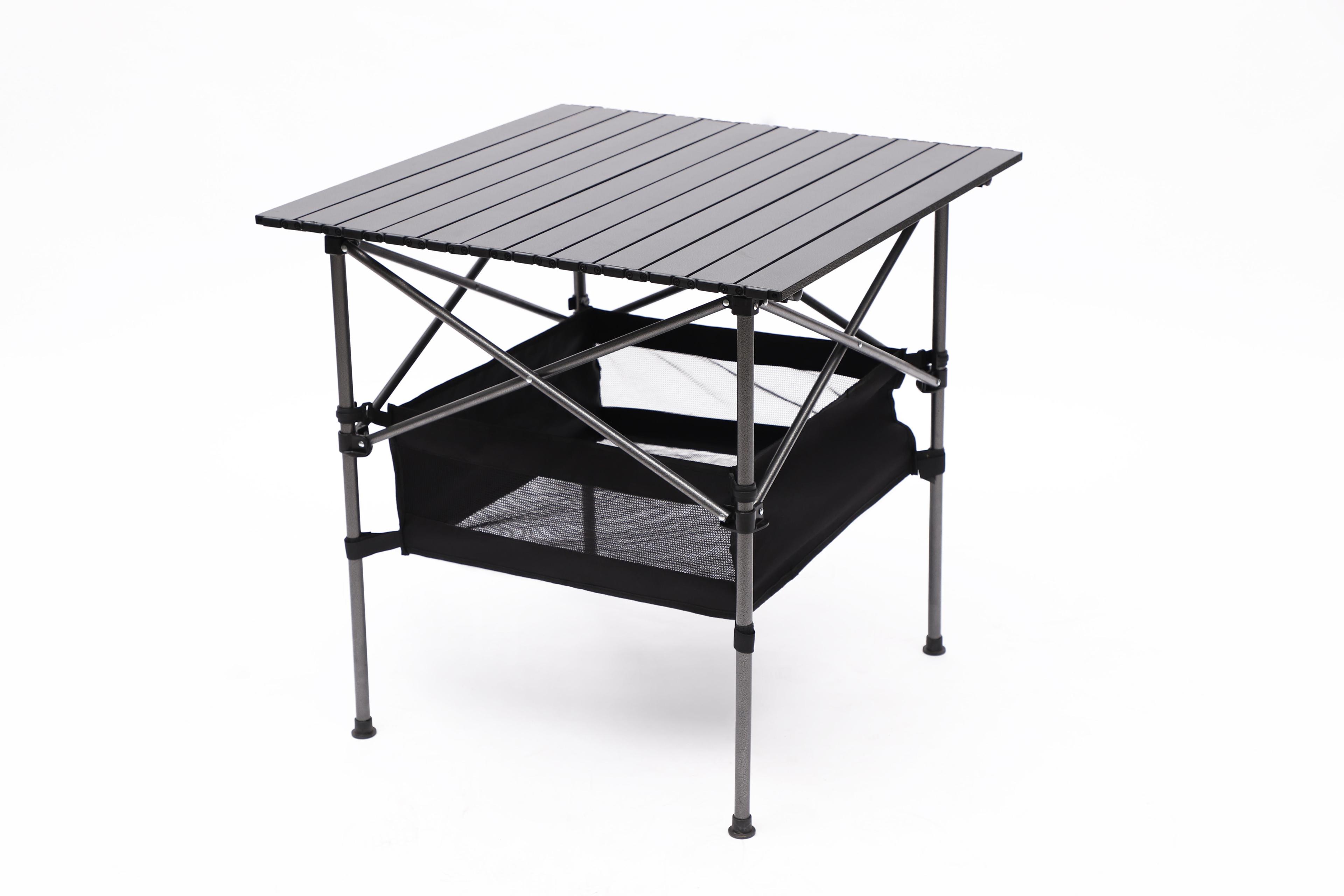 Black Aluminum Roll-Up Outdoor Table with Storage Basket