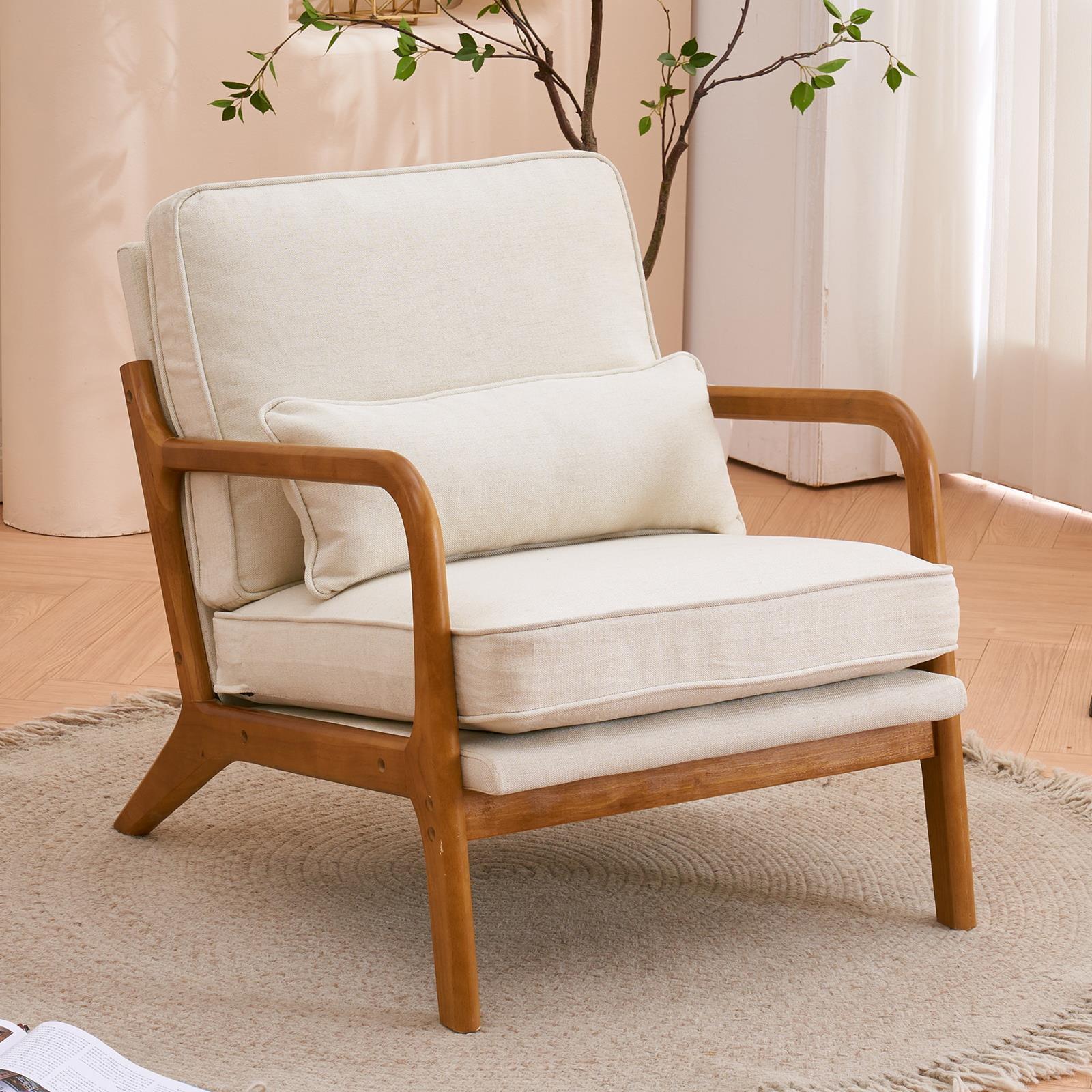 Beige Velvet Mid-Century Modern Accent Chair with Wood Frame