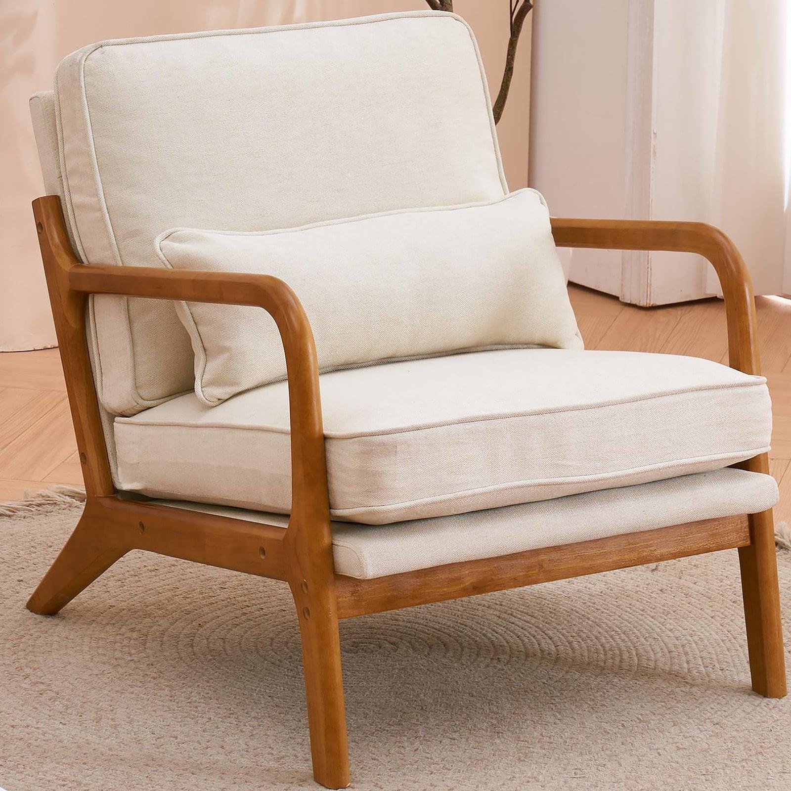 Beige Velvet Mid-Century Modern Accent Chair with Wood Frame