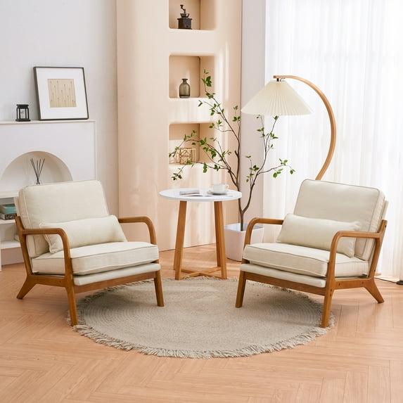 JULY'S SONG Mid-Century Wood Upholstered Fabric Solid Print Armchair, Beige (Set of 2)