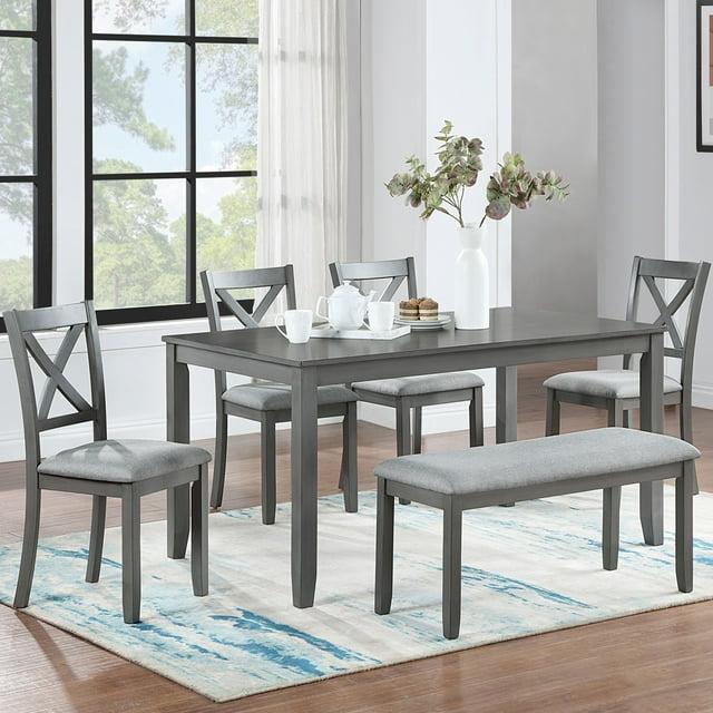 UHOMEPRO 6 Piece Dining Table Set with Bench and Chairs, Dining Table Set for 6, Rectangular Wooden Dining Table with 4 Upholstered Chairs and Bench, Dining Room Set for Kitchen, Gray B