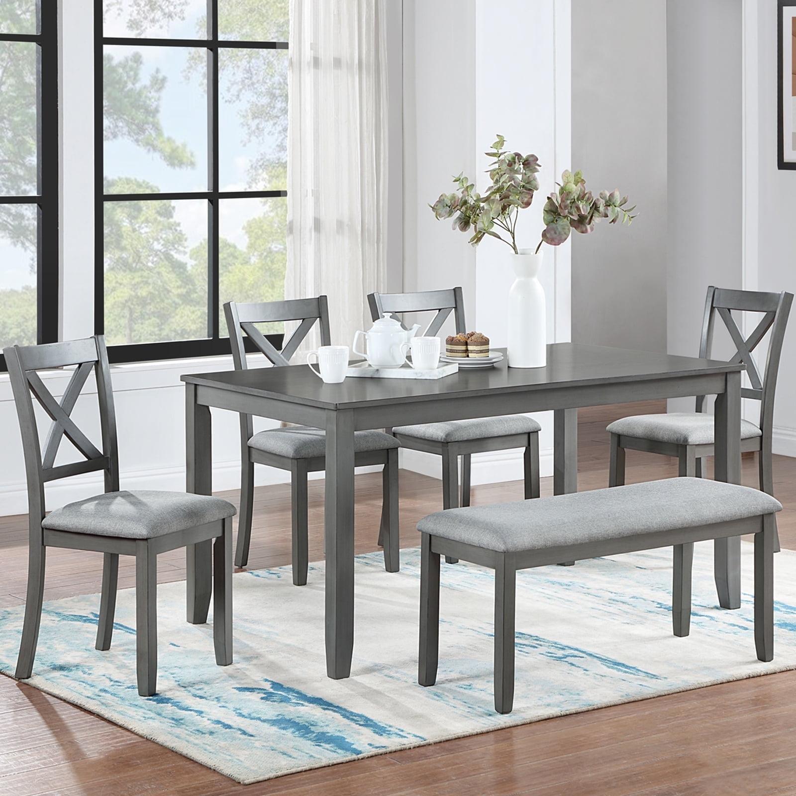 UHOMEPRO 6 Piece Dining Table Set with Bench and Chairs, Dining Table Set for 6, Rectangular Wooden Dining Table with 4 Upholstered Chairs and Bench, Dining Room Set for Kitchen, Gray B