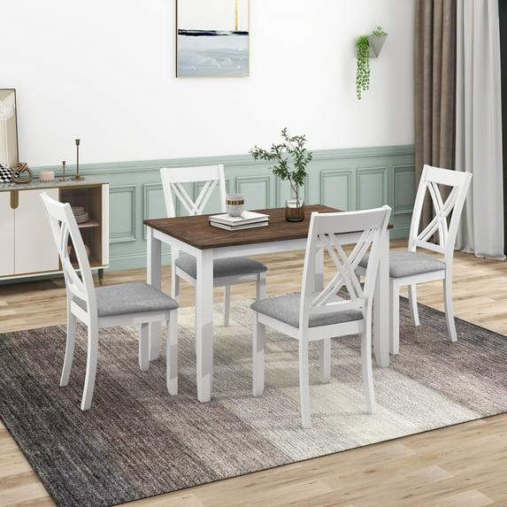UHOMEPRO Dining Table Set for 4, 5 Piece Dining Room Set with 4 Upholstered Chairs, Rectangle Kitchen Table and Chairs for 4 Persons, Rustic Wood Kitchen Table Set for Dining Room Nook, White+Brown