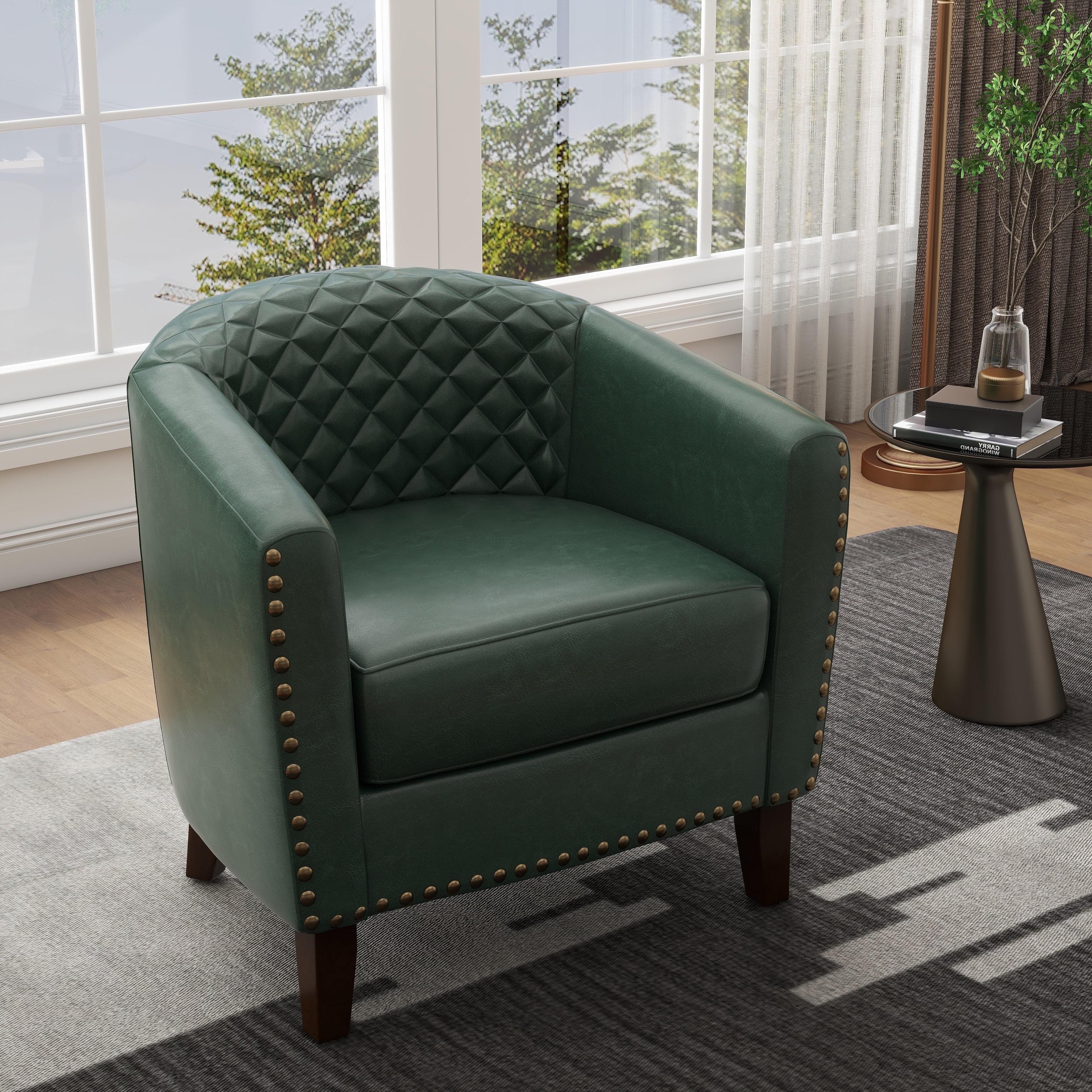 Green Faux Leather Barrel Accent Chair with Wood Legs