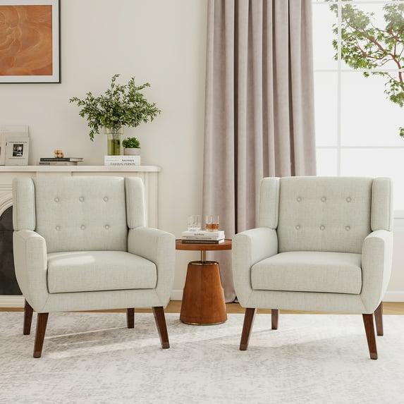 UIXE Beige Accent Chair Set of 2, Linen Fabric Armchair for Living Room, Modern Arm Chairs