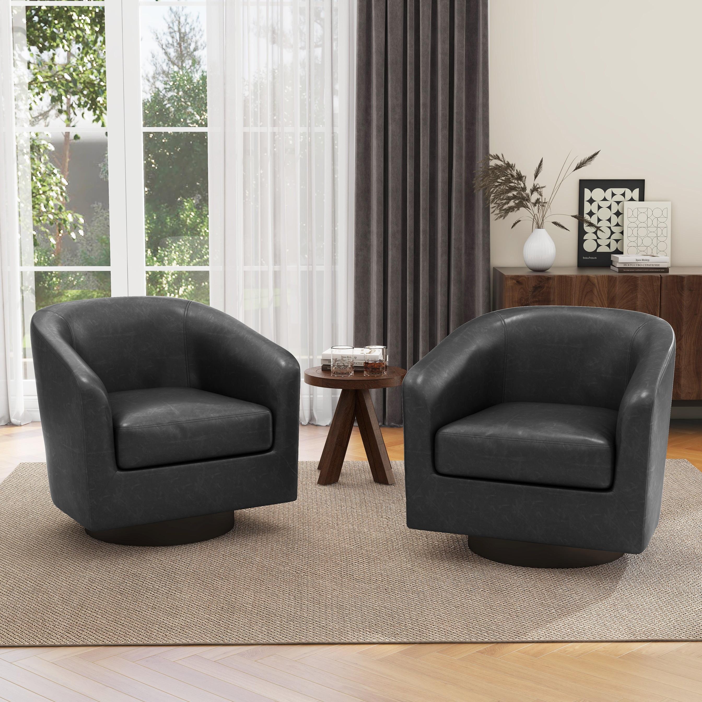 Black Faux Leather Swivel Barrel Accent Chair Set with Wood Base