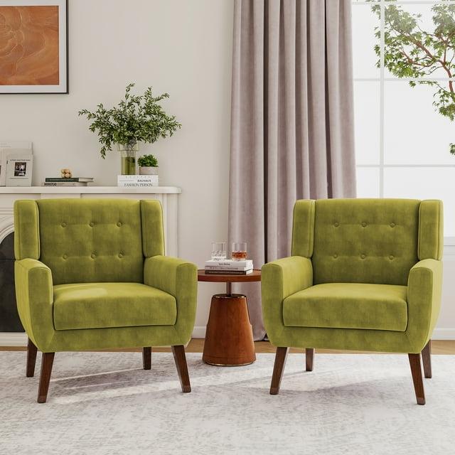 DREAMSIDEA Modern Button Tufted Accent Chair Set of 2 Upholstered Armchair Indoor,Velvet Living Room Chair for Bedroom,Green