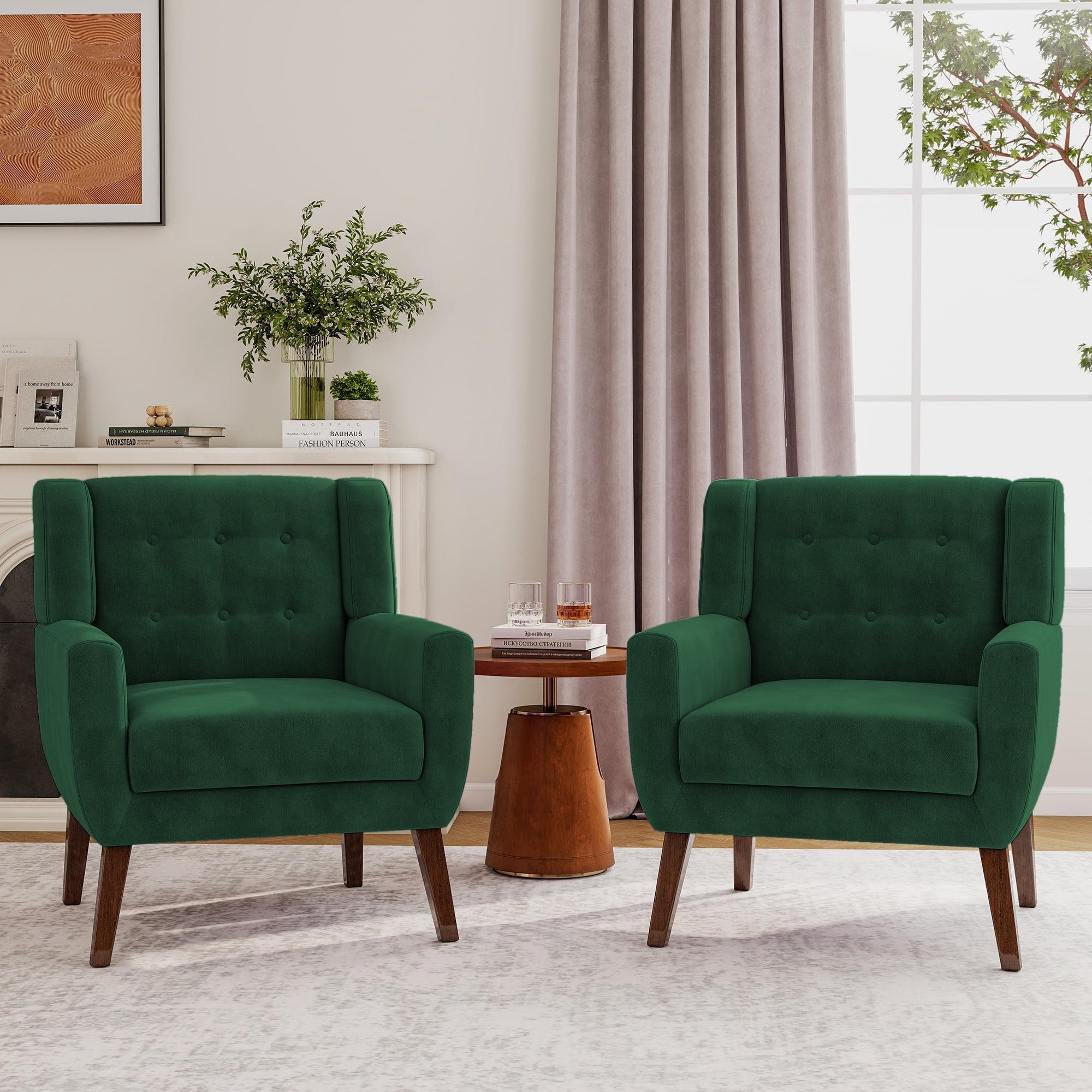 DREAMSIDEA Modern Button Tufted Accent Chair Set of 2 Upholstered Armchair Indoor,Velvet Living Room Chair for Bedroom, Retro Green