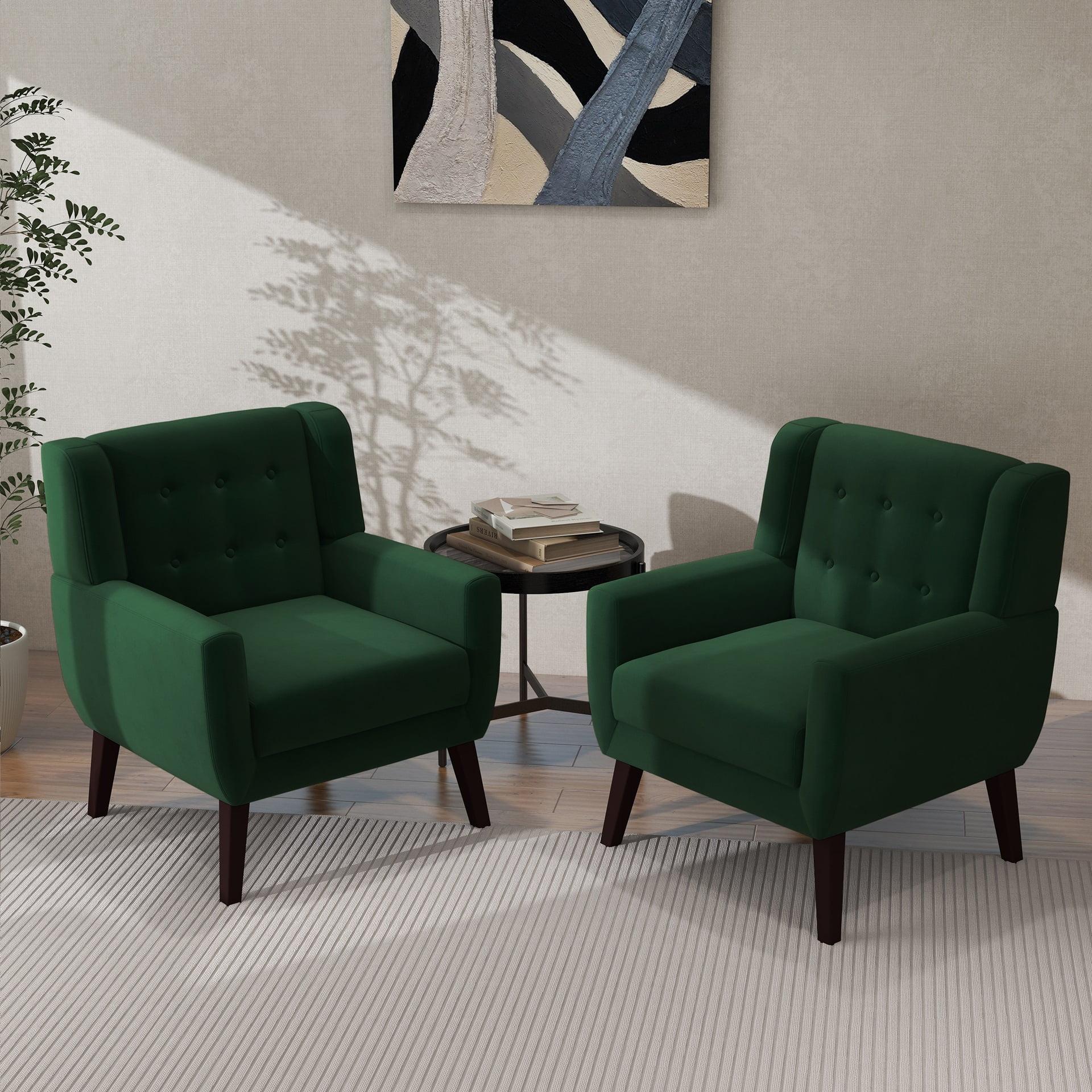 UIXE Velvet Accent Chair Chair Set of 2 Upholstered Comfortable Armchair Modern Chairs with Solid Wooden Legs for Living Room Office, Retro Green