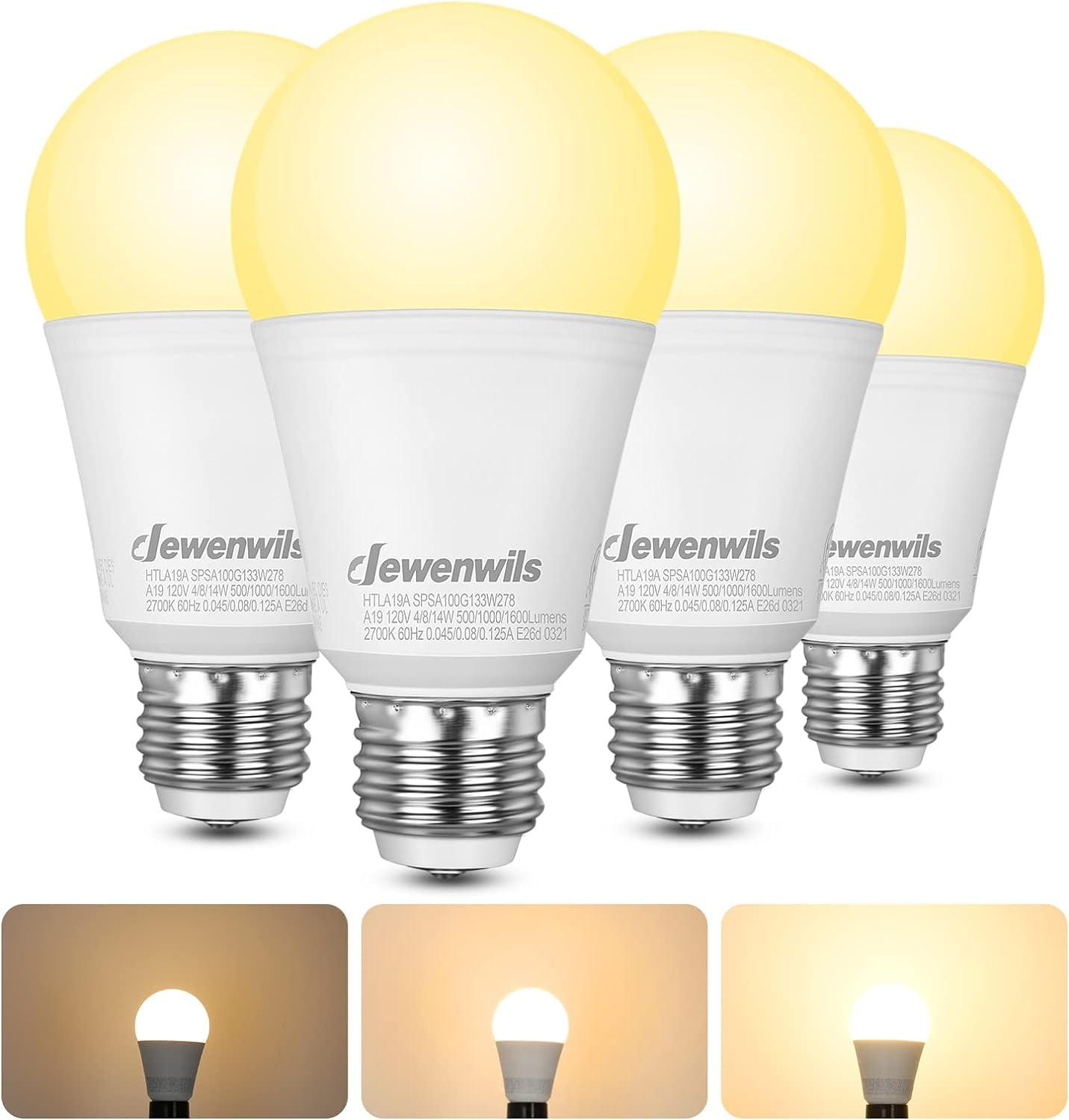 DEWENWILS 3 Way Light Bulbs Soft White, 40/60/100W Equivalent, 2700K LED Light Bulbs E26 Medium Base, 500/1000/1600LM, 4-Pack