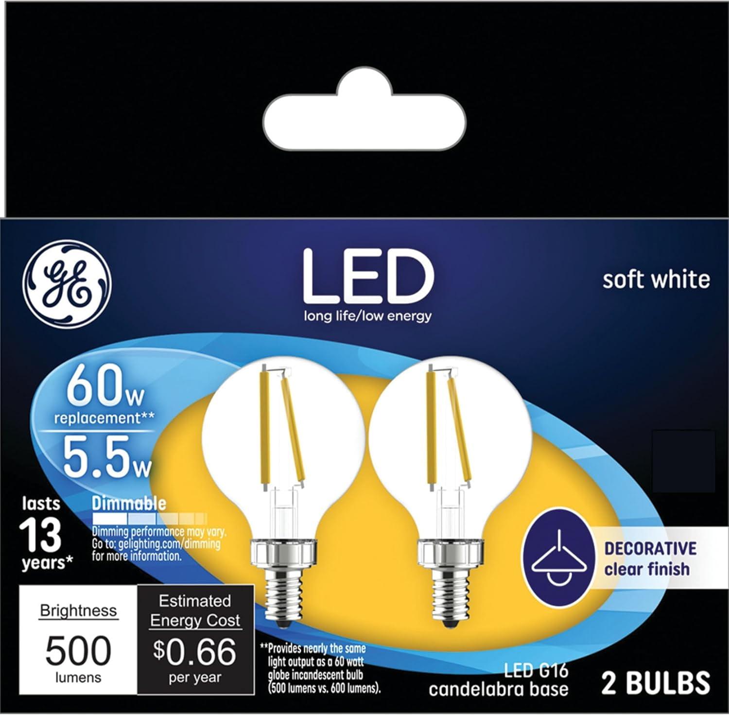 GE 2pk 60W G25 LED Globe Filament Clear Light Bulbs Soft White: Round E26 Type A, Bathroom, 500 Lumens, Energy Star Certified
