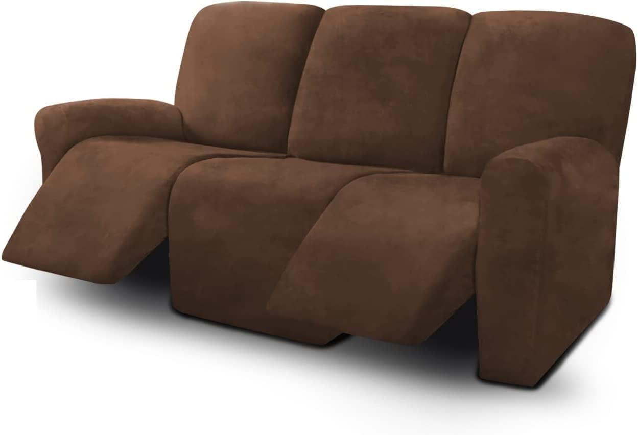 ULTICOR Velvet 8-Pieces Recliner Sofa Covers Stretch Reclining Couch Covers for 3 Cushion Reclining Sofa Slipcovers Furniture Covers Thick Soft Washable (3 Seater Recliner Cover, Chocolate) 3 Seater Recliner Cover Chocolate