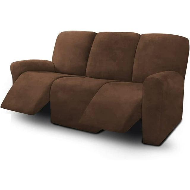 ULTICOR Velvet 8-Pieces Recliner Sofa Covers Stretch Reclining Couch Covers for 3 Cushion Reclining Sofa Slipcovers Furniture Covers Thick Soft Washable (3 Seater Recliner Cover, Chocolate) 3 Seater Recliner Cover Chocolate
