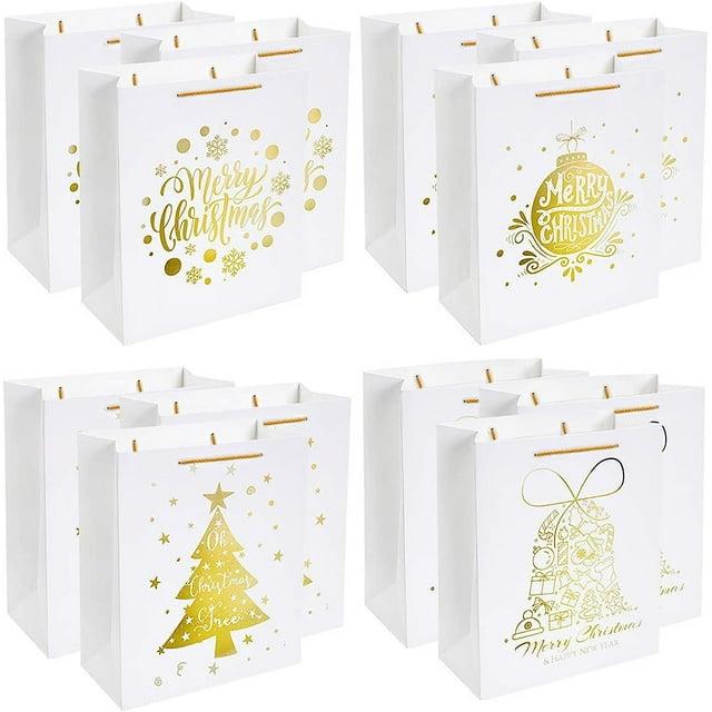 UNIQOOO 12Pcs Large White & Metallic Gold Foil Gift Bags, 4 Assorted Xmas Tree Snowflake Designs, Perfect for Christmas Thanksgiving New Year Party Favor