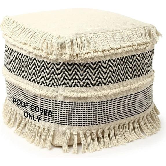 · REDEARTH · UNSTUFFED Pouf Ottoman Cover Boho Textured Storage Square Extra Seat, Farmhouse Poof Pouffe Accent Footrest for Living Room, Bedroom, Nursery, Kidsroom, Study Nook (18x18x18; Black)