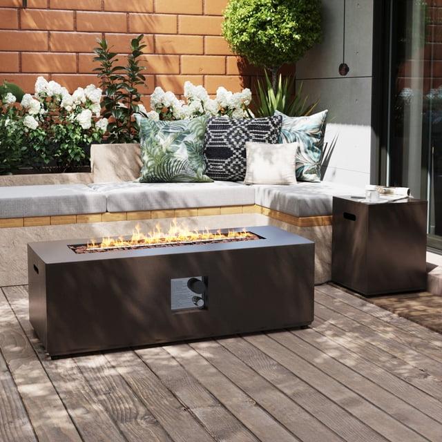 UPHA 42-inch Outdoor Propane Rectangle Fire Pit Table 50000 BTU Iron Gas FirePit for Outside Patio with Tank Cover, Removable Lid, Lava Rocks, Rain Cover, Brown