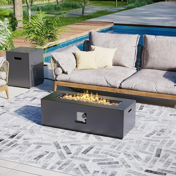 UPHA 42-inch Outdoor Propane Rectangle Fire Pit Table 50000 BTU Iron Gas FirePit for Outside Patio with Tank Cover, Removable Lid, Lava Rocks, Rain Cover, Grey