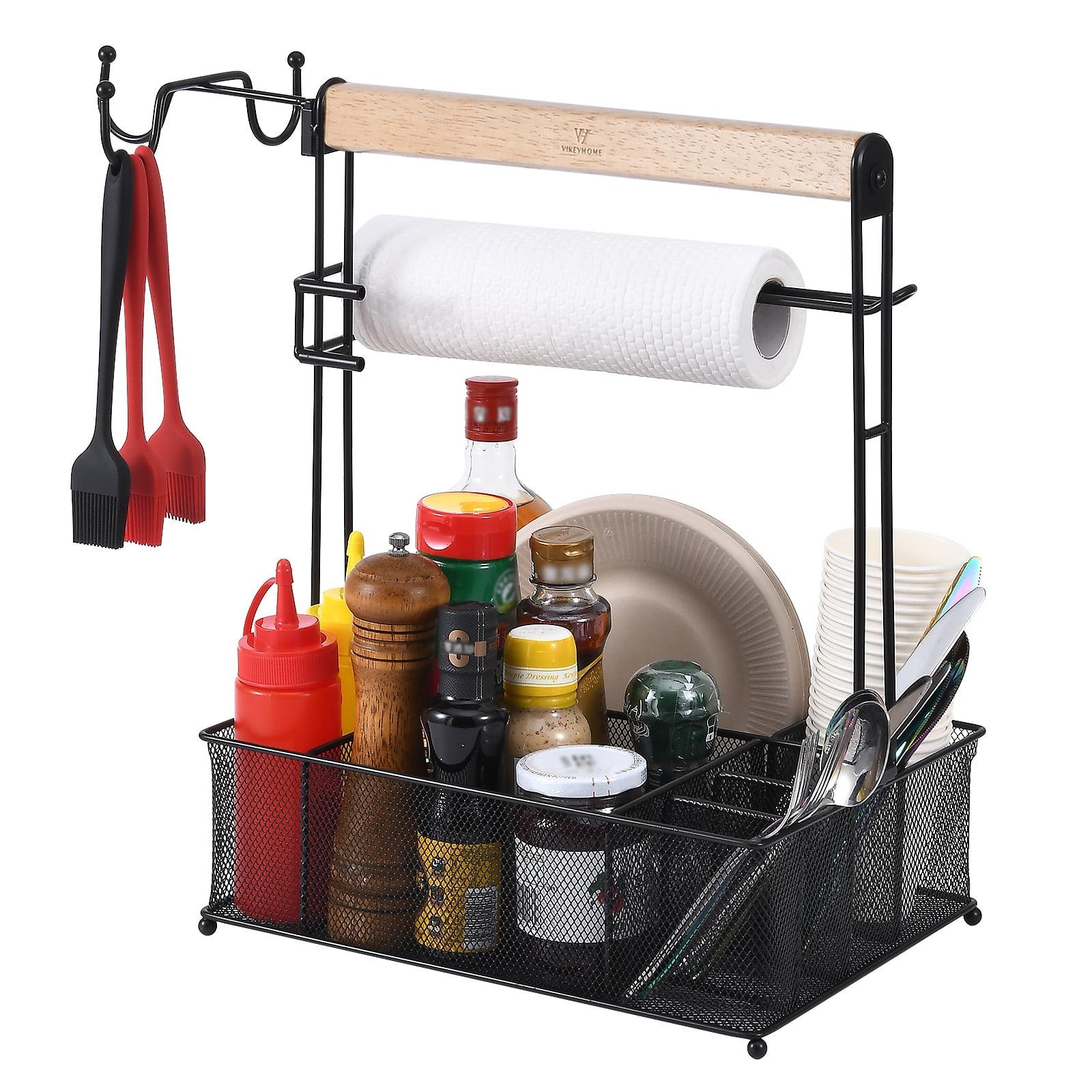 Black Metal Grill Caddy with Wooden Handle and Paper Towel Holder