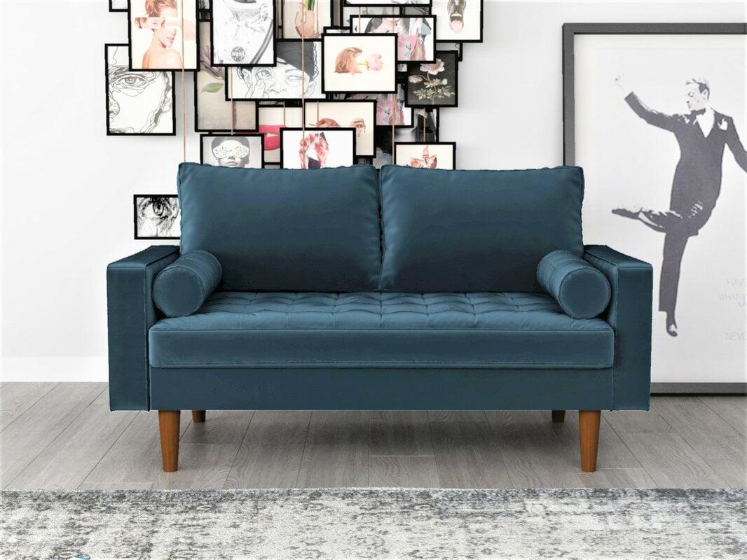 Teal Blue Velvet Tufted Loveseat with Wood Legs