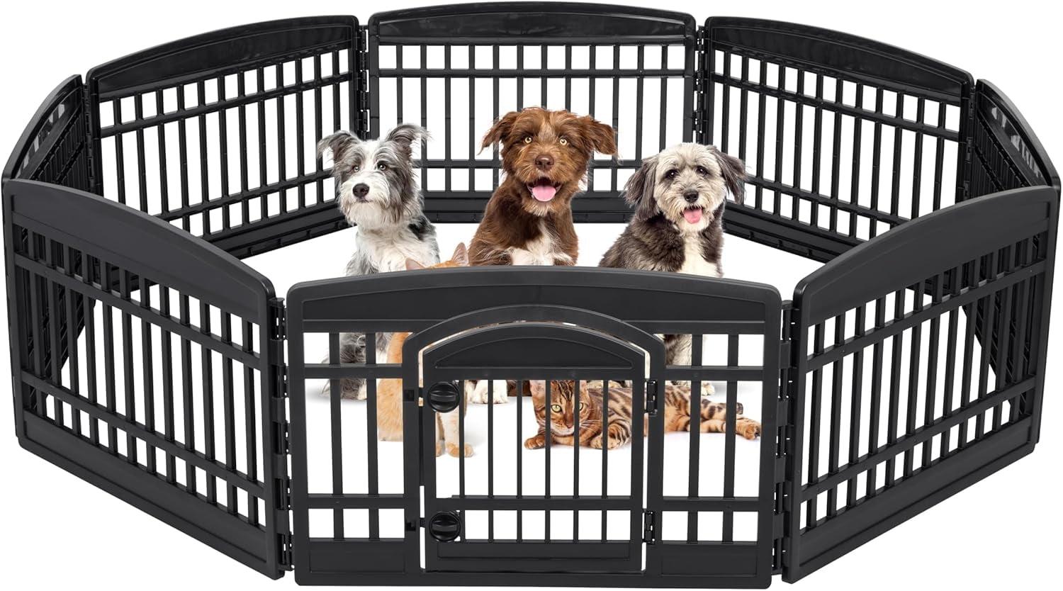 IRIS USA 24" Exercise 8-Panel Pet Playpen with Door, Dog Cat Playpen, Puppy Playpen, Black