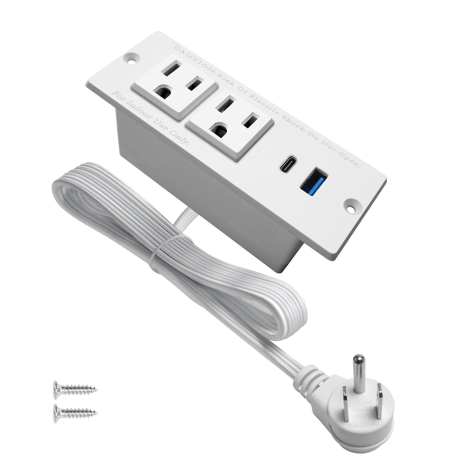 White Recessed Mountable Power Strip with USB C and USB A Ports