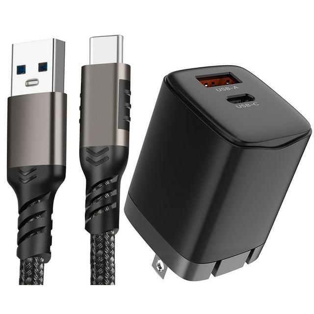 USB-C Phone Charger Combination, Nakedcellphone 20W Dual Port Wall Charger and Rugged Cable (3.2 Foot Cord) for Cell Phone, iPhone, Tablet