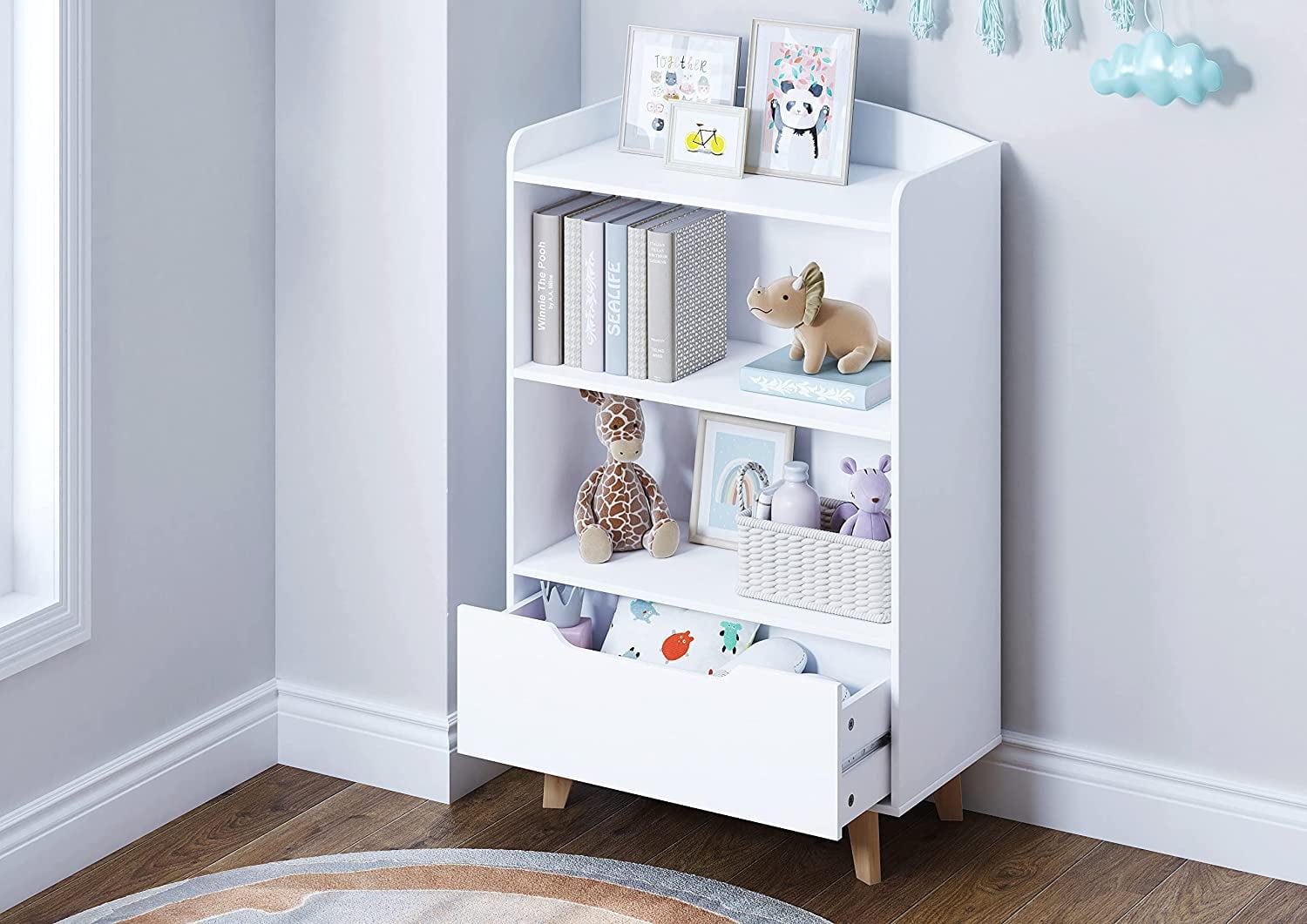 White MDF and Pine Kids Bookshelf with Storage Drawer