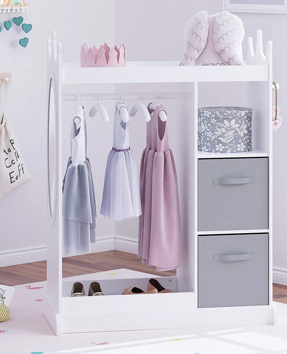 White Kids Dress Up Armoire with Mirror and Storage Bins