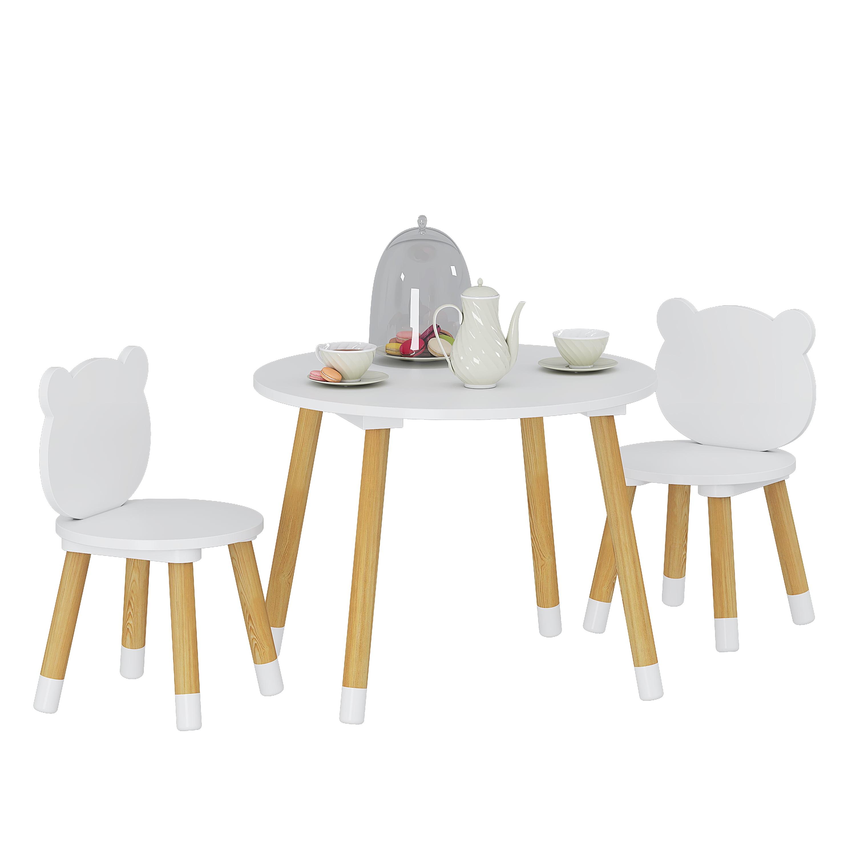 White Wooden Kids Round Table with Bear Chairs, 3-Piece Set