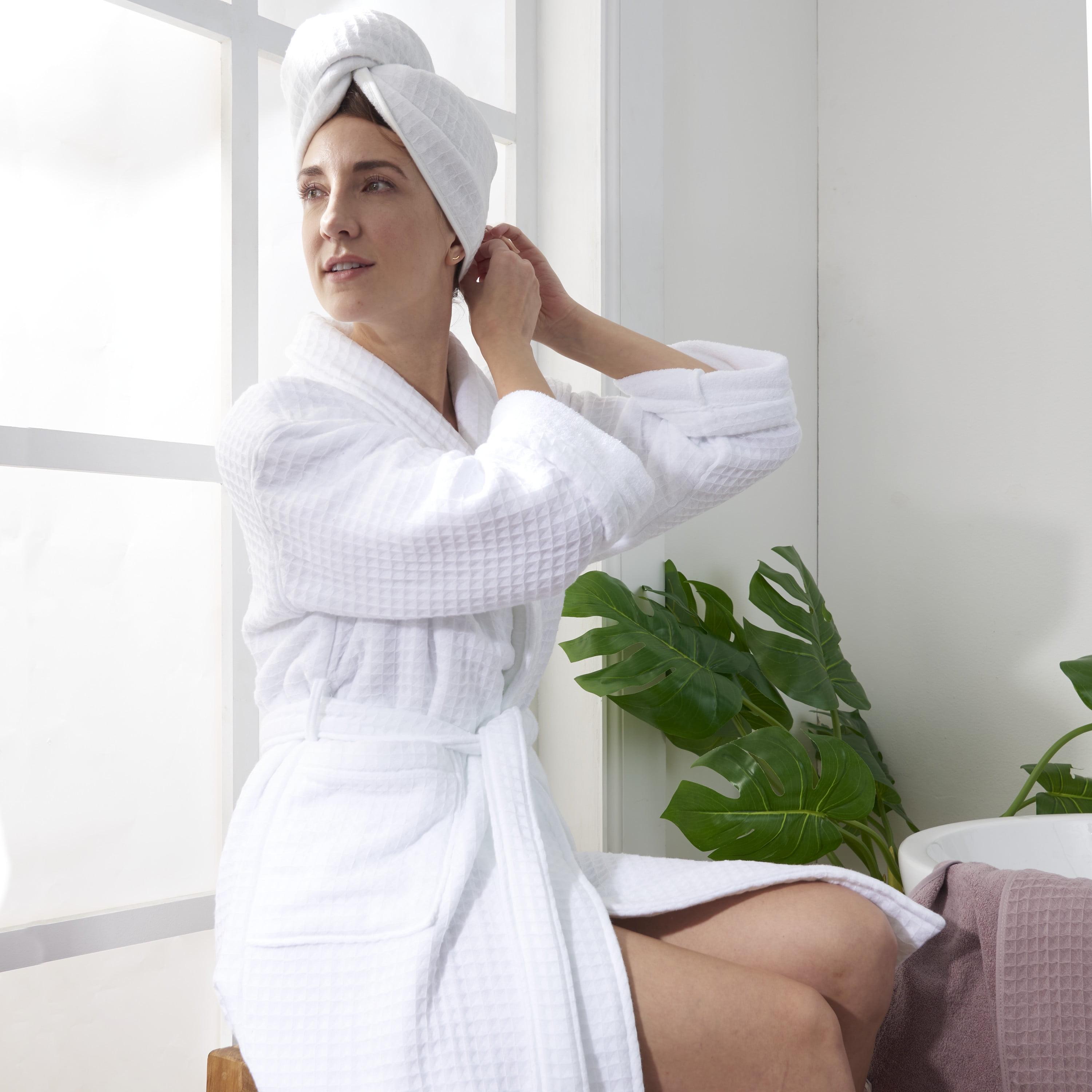 White Cotton Waffle Mid-Calf Bathrobe with Pockets