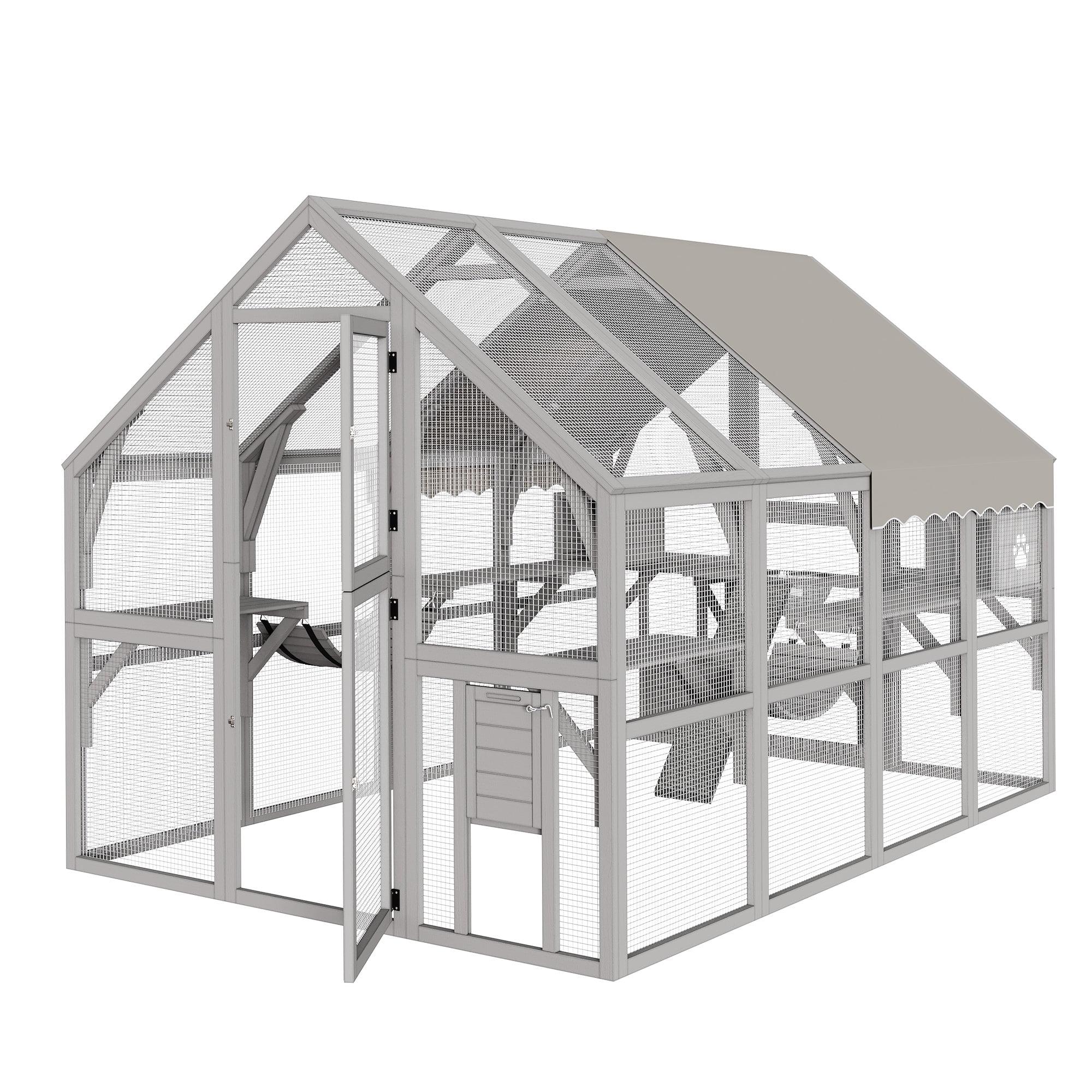 Uforic 110" Catio Outdoor Cat Enclosure Large Wooden Cat House with with Weatherproof Roof, Cat Scratcher Ramp, Space Capsule Bed, 2 Bridges, 2 Resting Houses, 7 Platforms for Multiple Cats