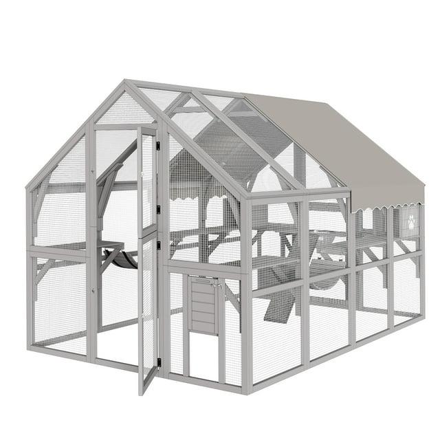 Uforic 110" Catio Outdoor Cat Enclosure Large Wooden Cat House with with Weatherproof Roof, Cat Scratcher Ramp, Space Capsule Bed, 2 Bridges, 2 Resting Houses, 7 Platforms for Multiple Cats