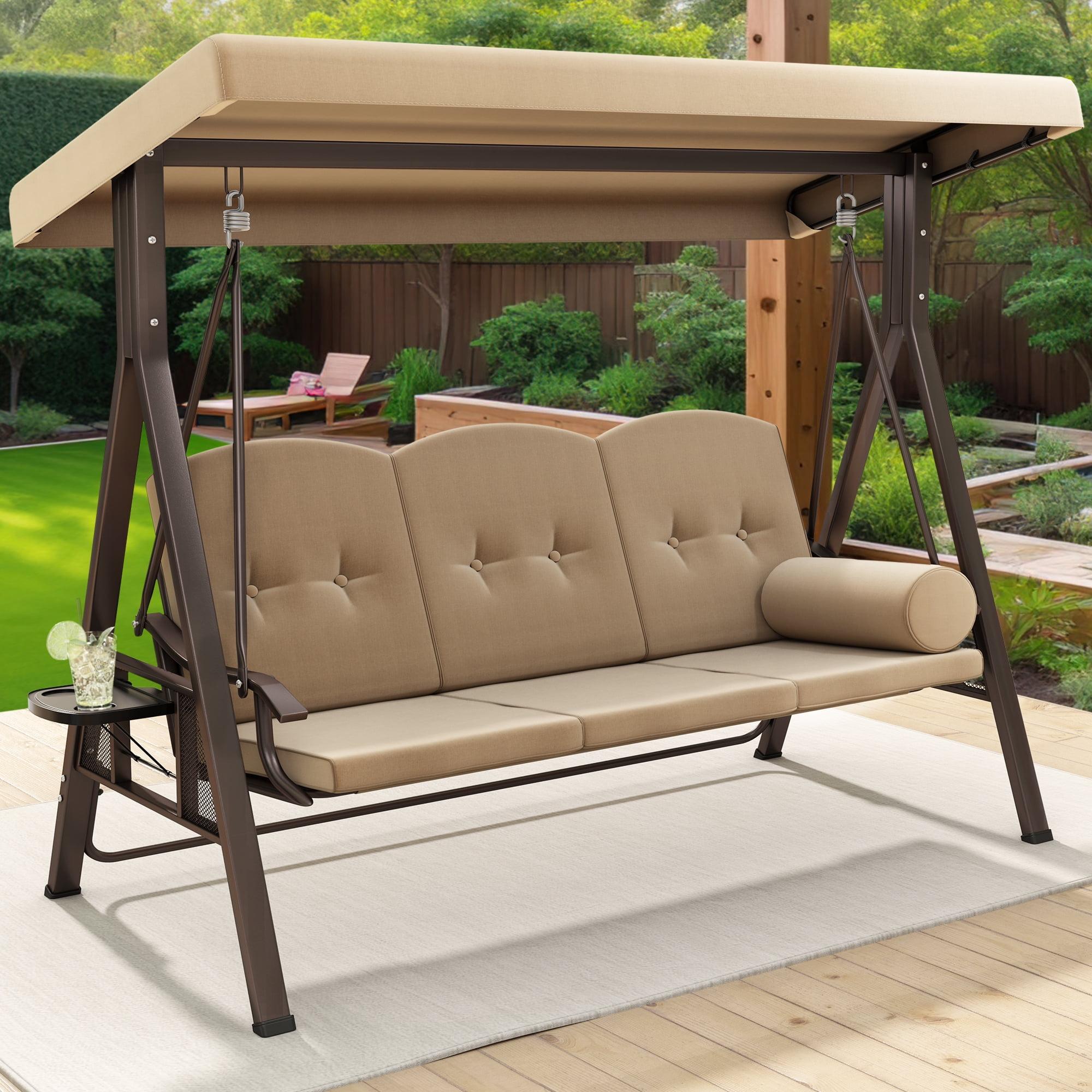 Brown Metal 3-Seat Outdoor Patio Swing with Adjustable Canopy