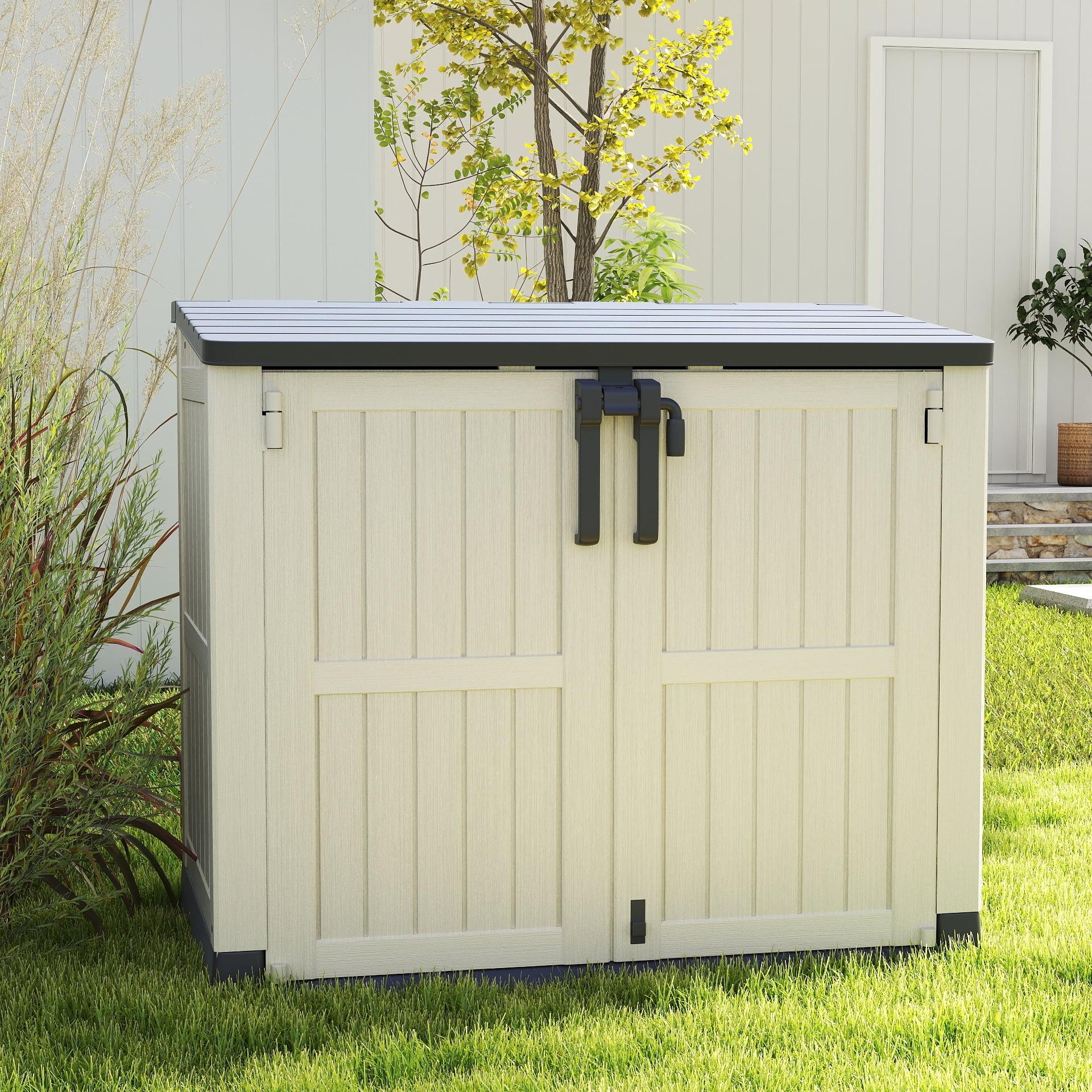 Emperic Design Resin Tool Shed, 36 Cu Ft Waterproof Outdoor Horizontal Storage, Weather-resistant Utility Shed With Air Vent For Trash And Lockable Doors, Garden Tools （black And White）