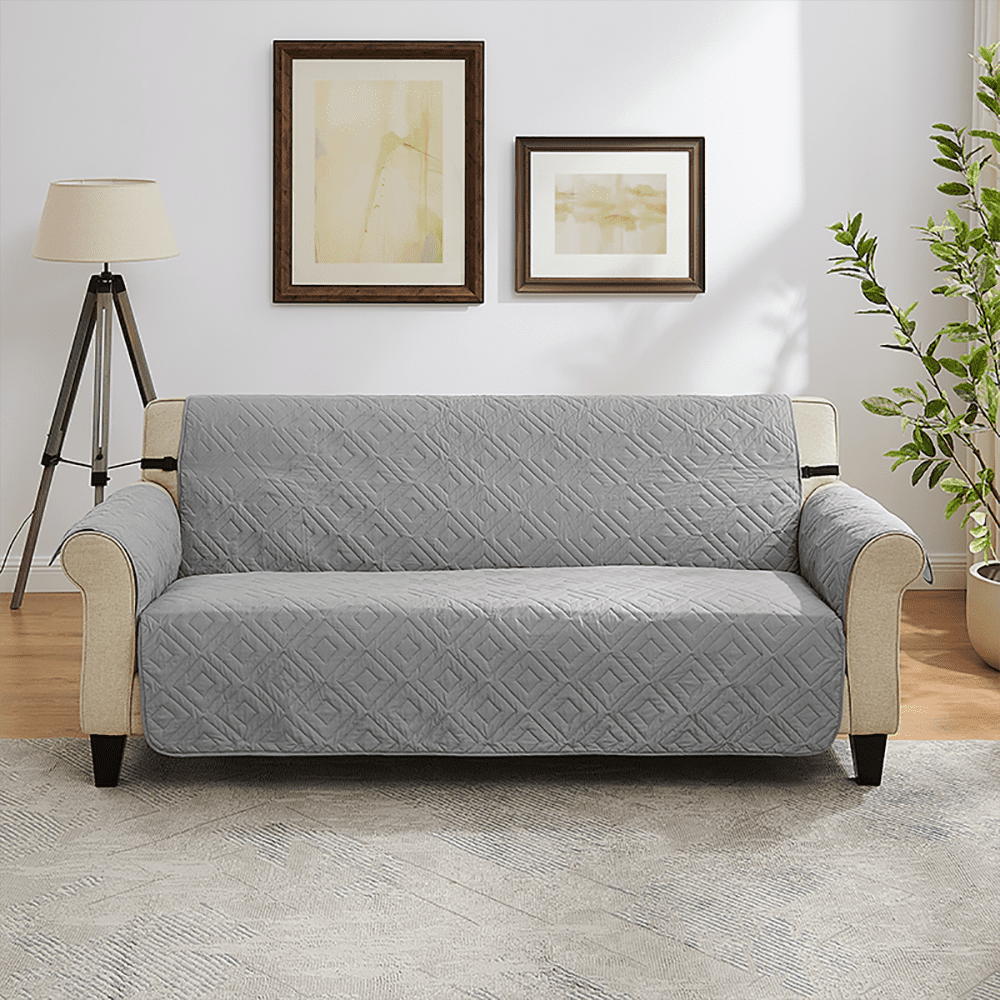 Gray Quilted Waterproof Sofa Slipcover with Straps