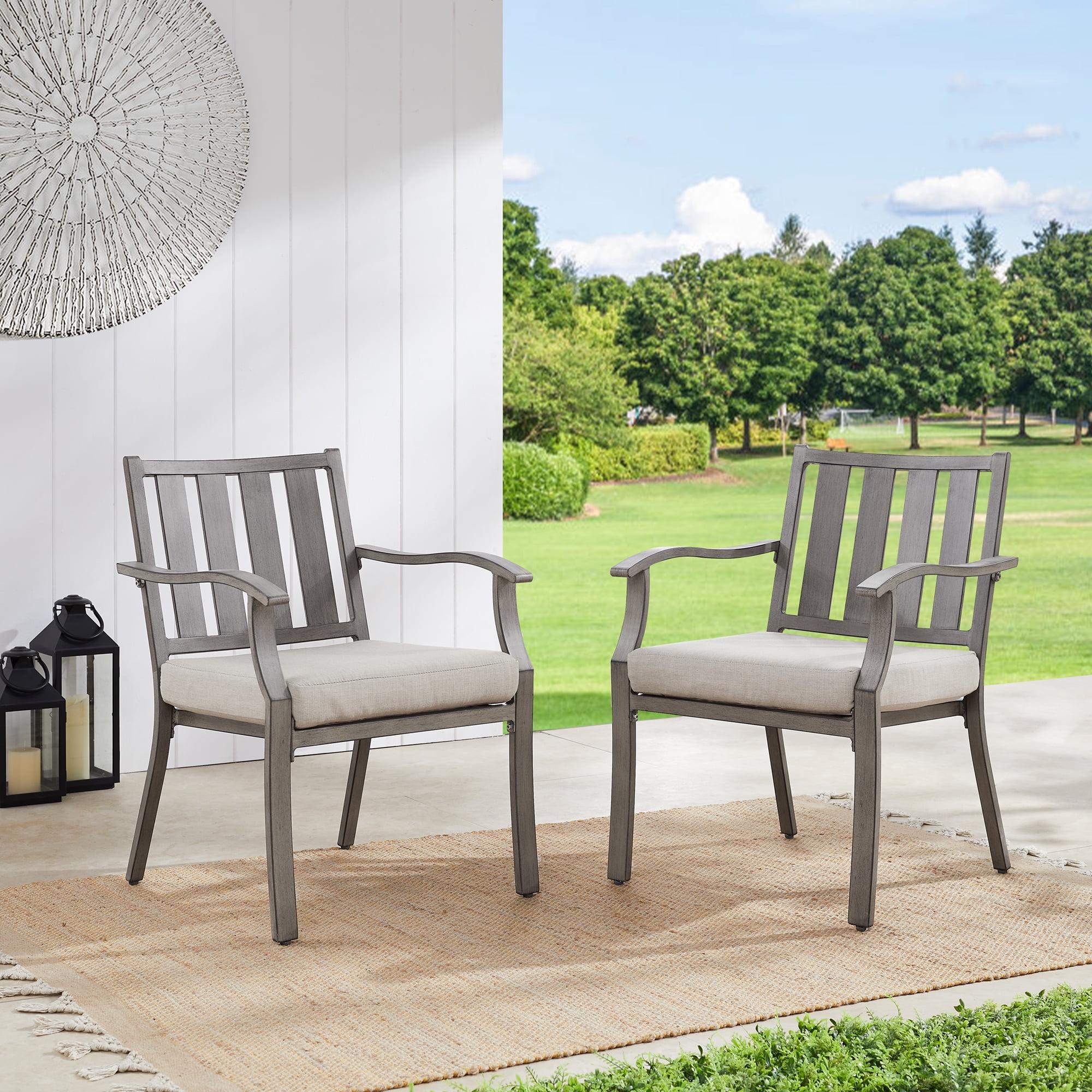 Gray Aluminum Patio Dining Chairs with Beige Cushions, Set of 2