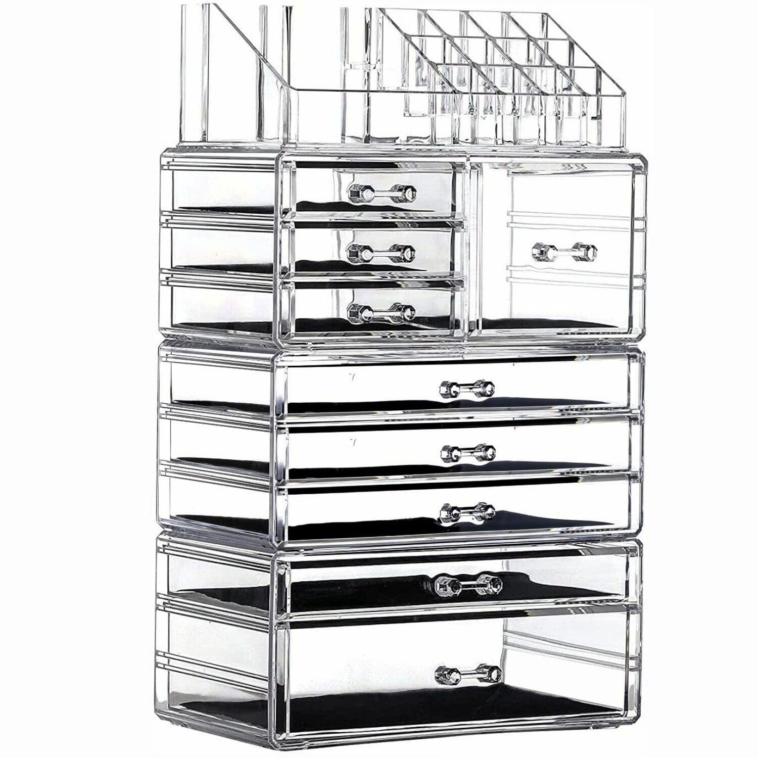 Cq acrylic 4 Pack Clear Make up Organizer Countertop,Stackable 9 Drawers Makeup Storage,Cute Vanity Organizers for dresser Hair Clip,Jewelry,Beauty Product Desk and Bathroom Organizers and Storage