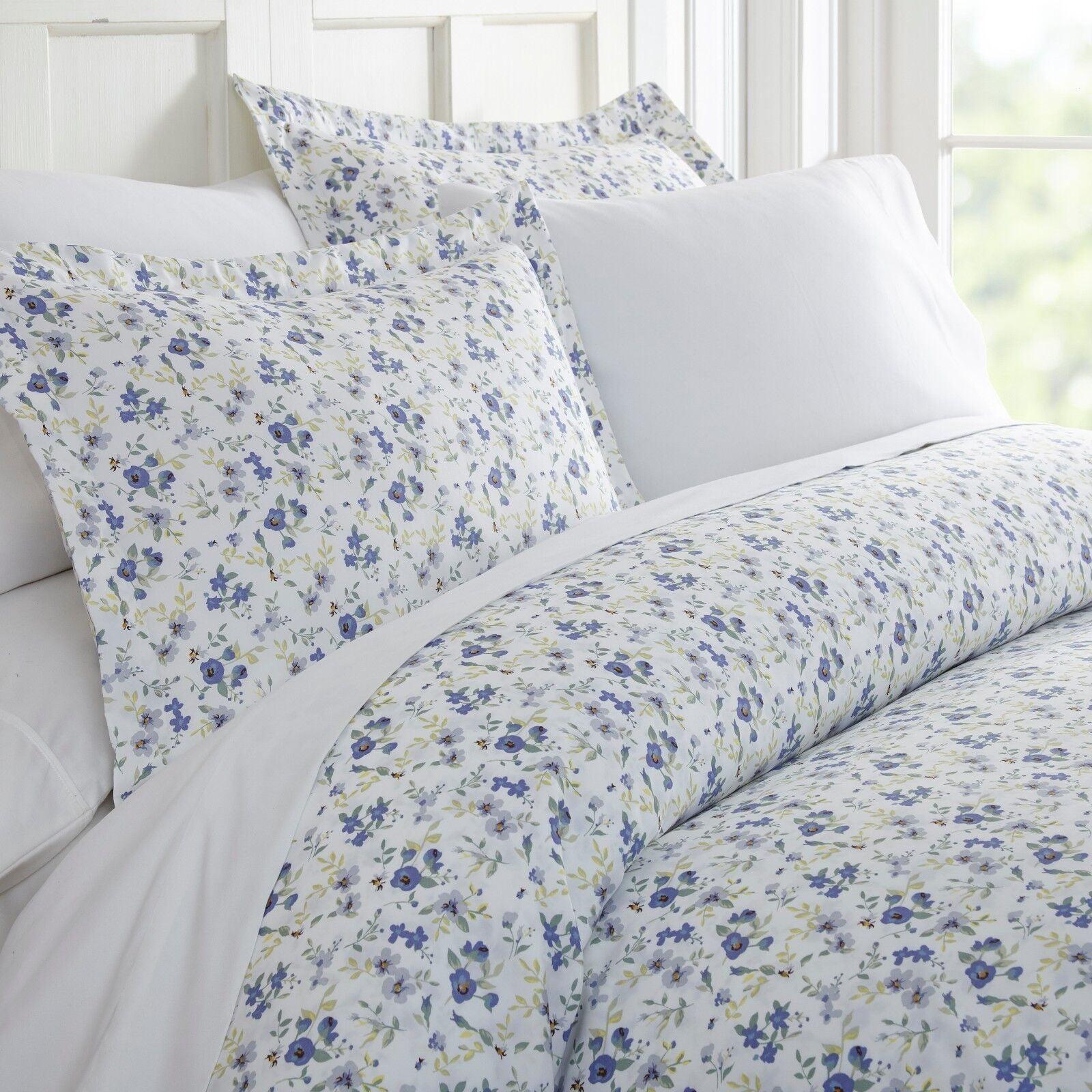 Light Blue Floral Microfiber Queen Duvet Cover Set