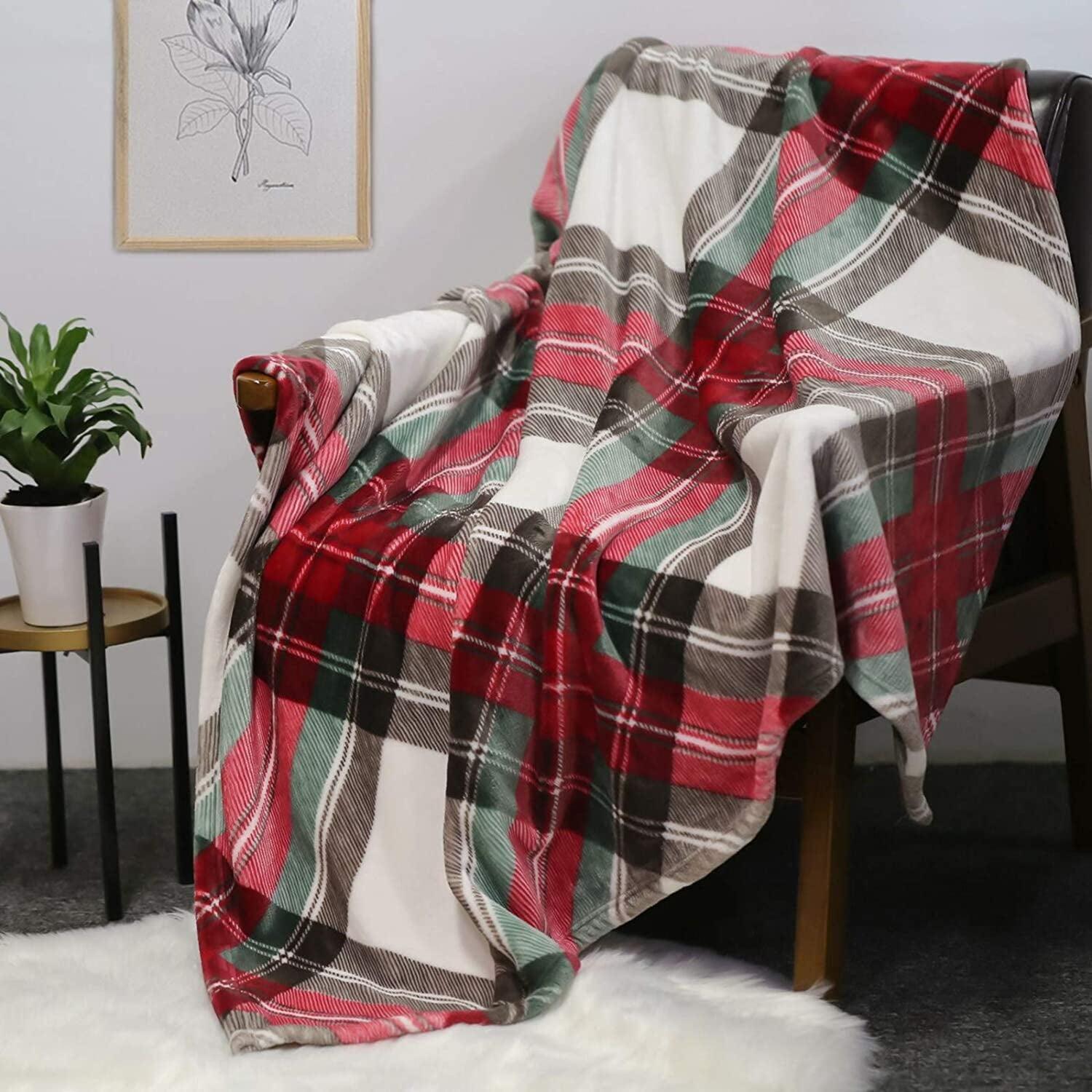 Ultra Soft Throw Blanket with Plaid, Cozy Flannel Fleece Luxury Blanket for Bed, Sofa and Couch (50 x 60 inch, Red)