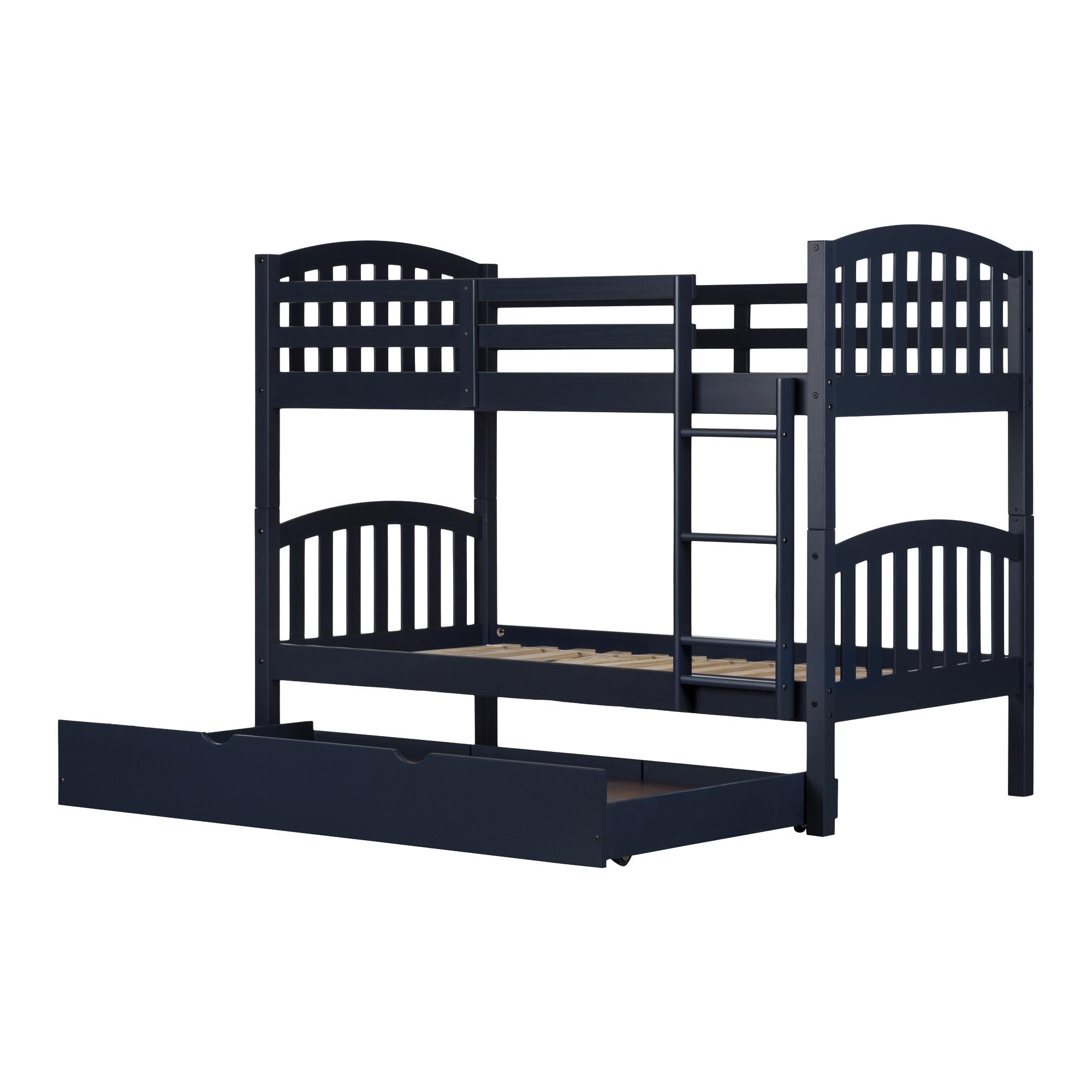 Blue Twin Pine Wood Bunk Bed with Trundle and Drawers