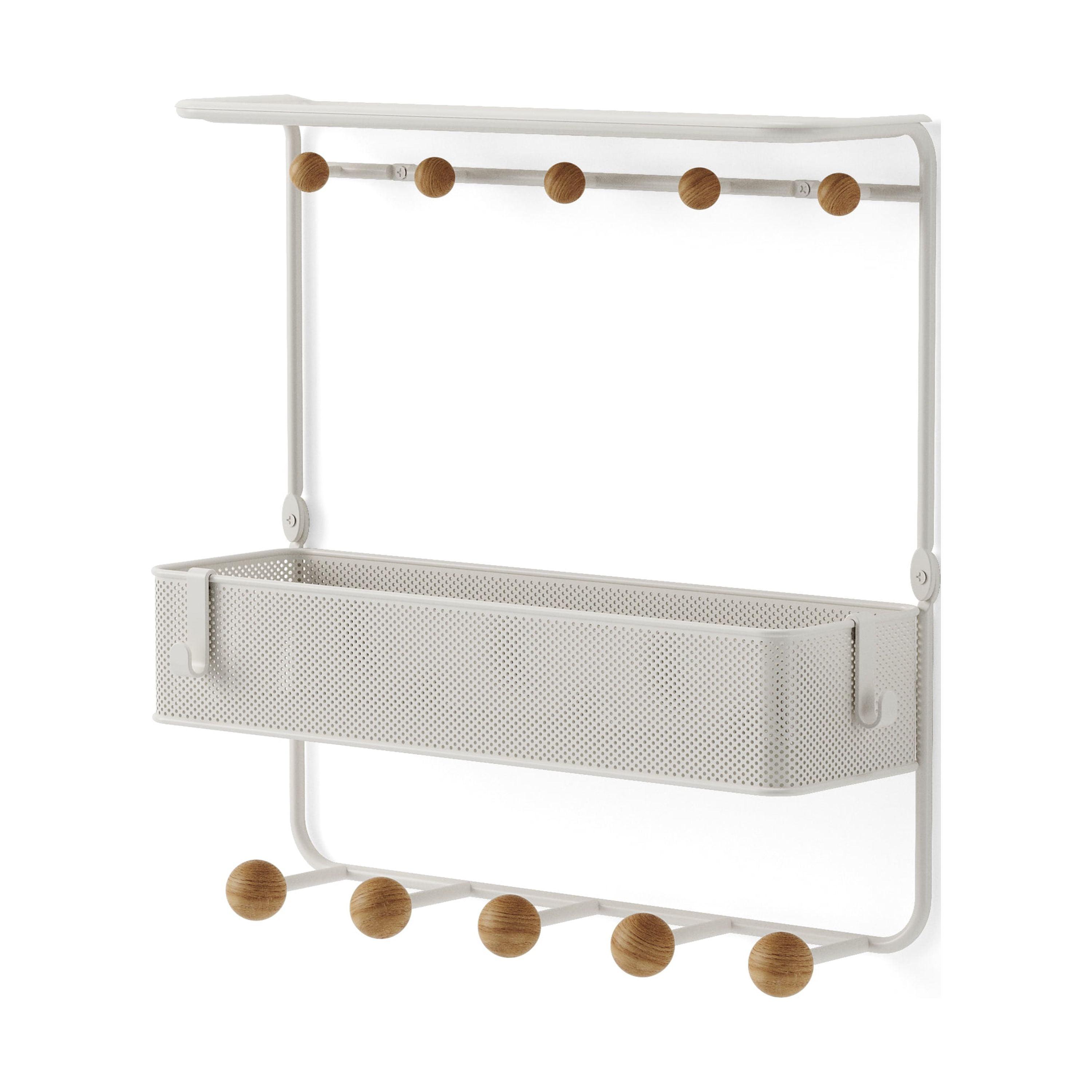 Estique White/Natural 10-Hook Wall Shelf with Perforated Metal Basket