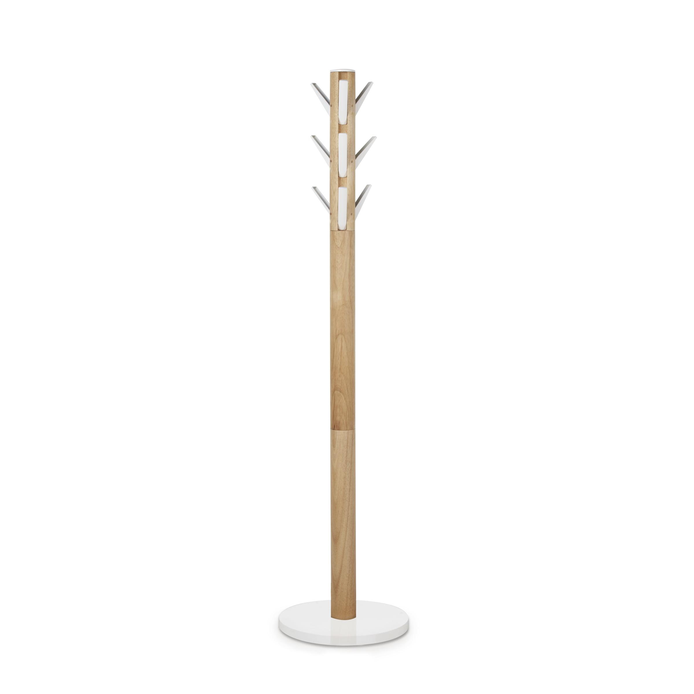 Sleek Modern White/Natural Rubberwood 9-Hook Coat Stand