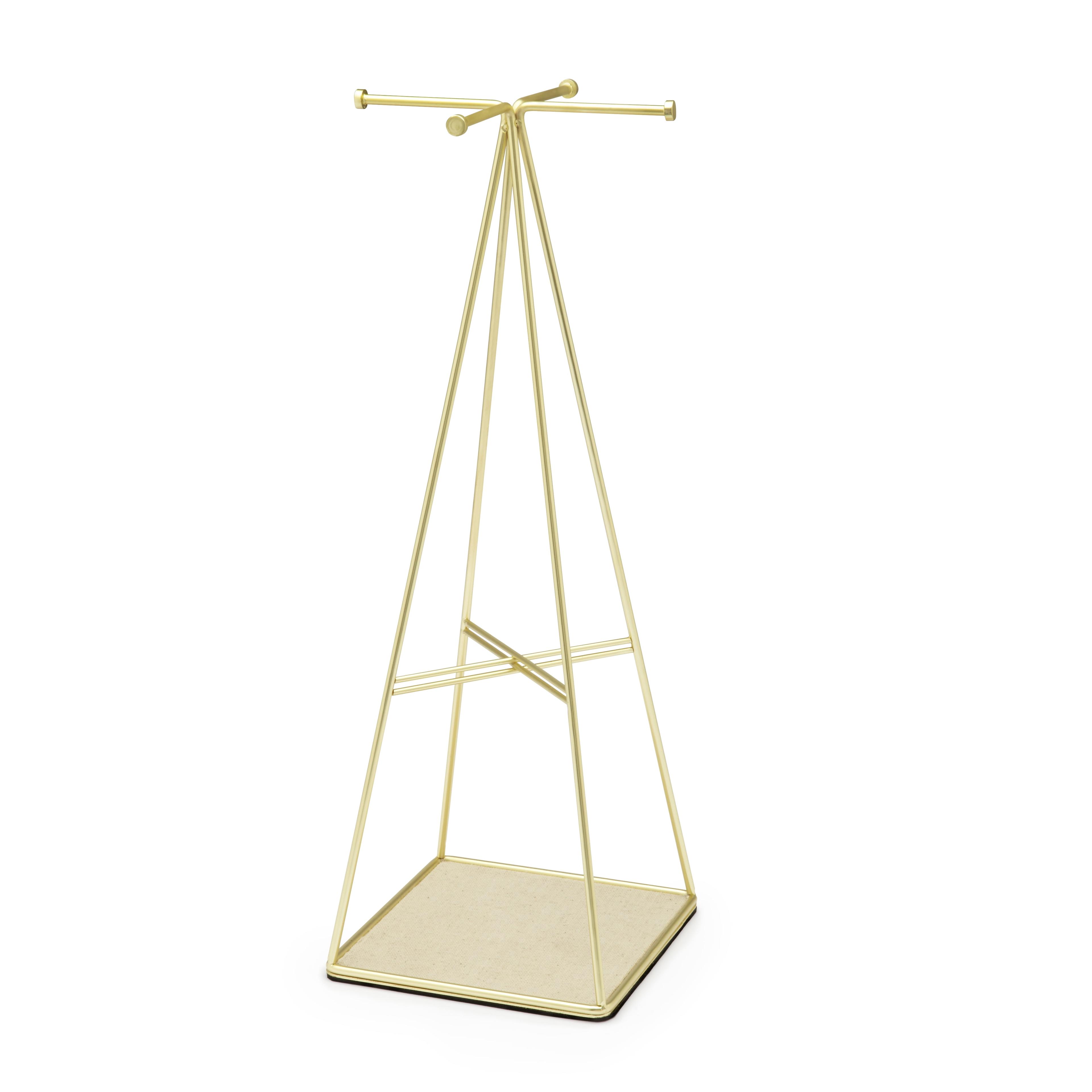 Matte Brass Steel Pyramid Jewelry Stand with Linen Base