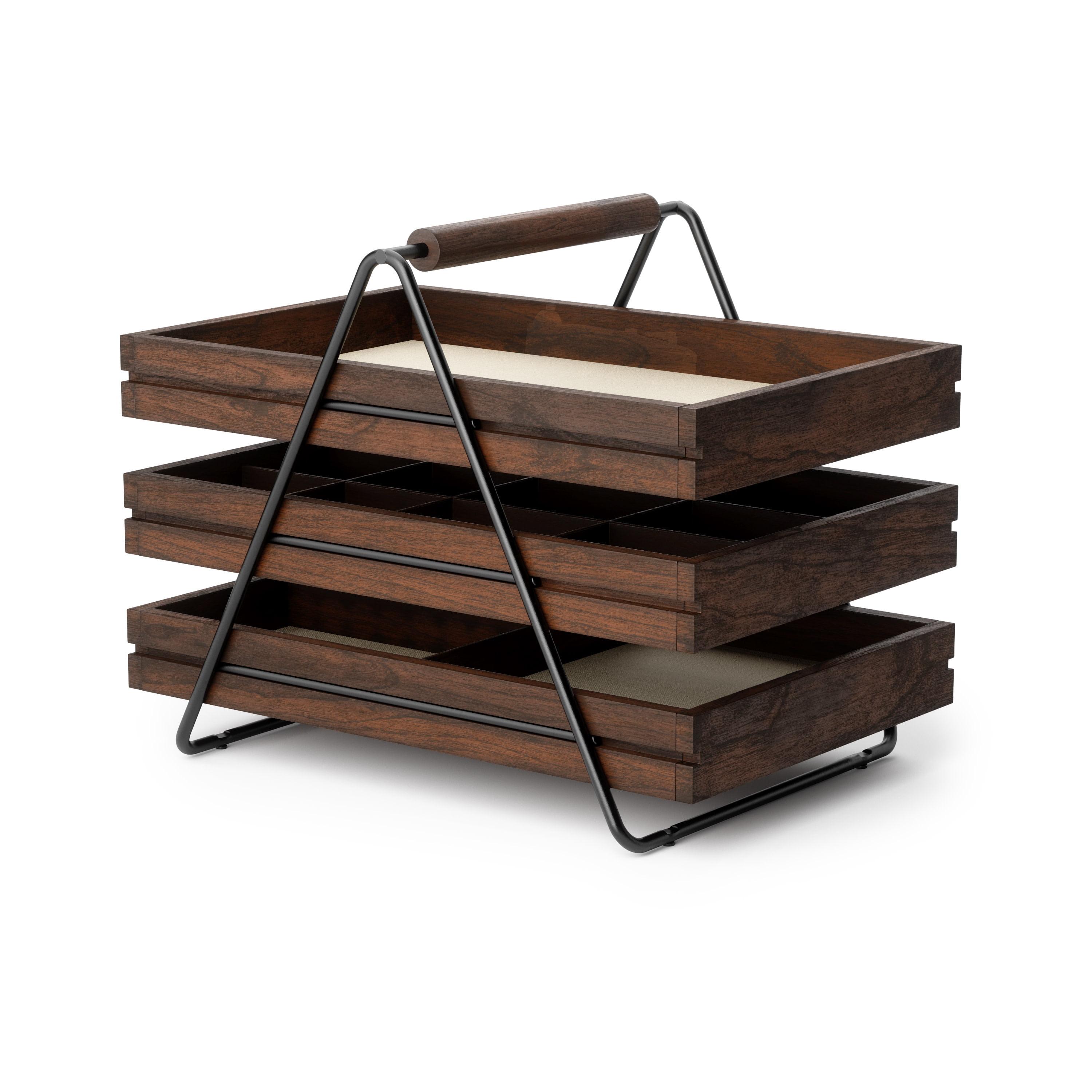 Walnut and Black 3-Tier Jewelry Organizer with Linen Lining